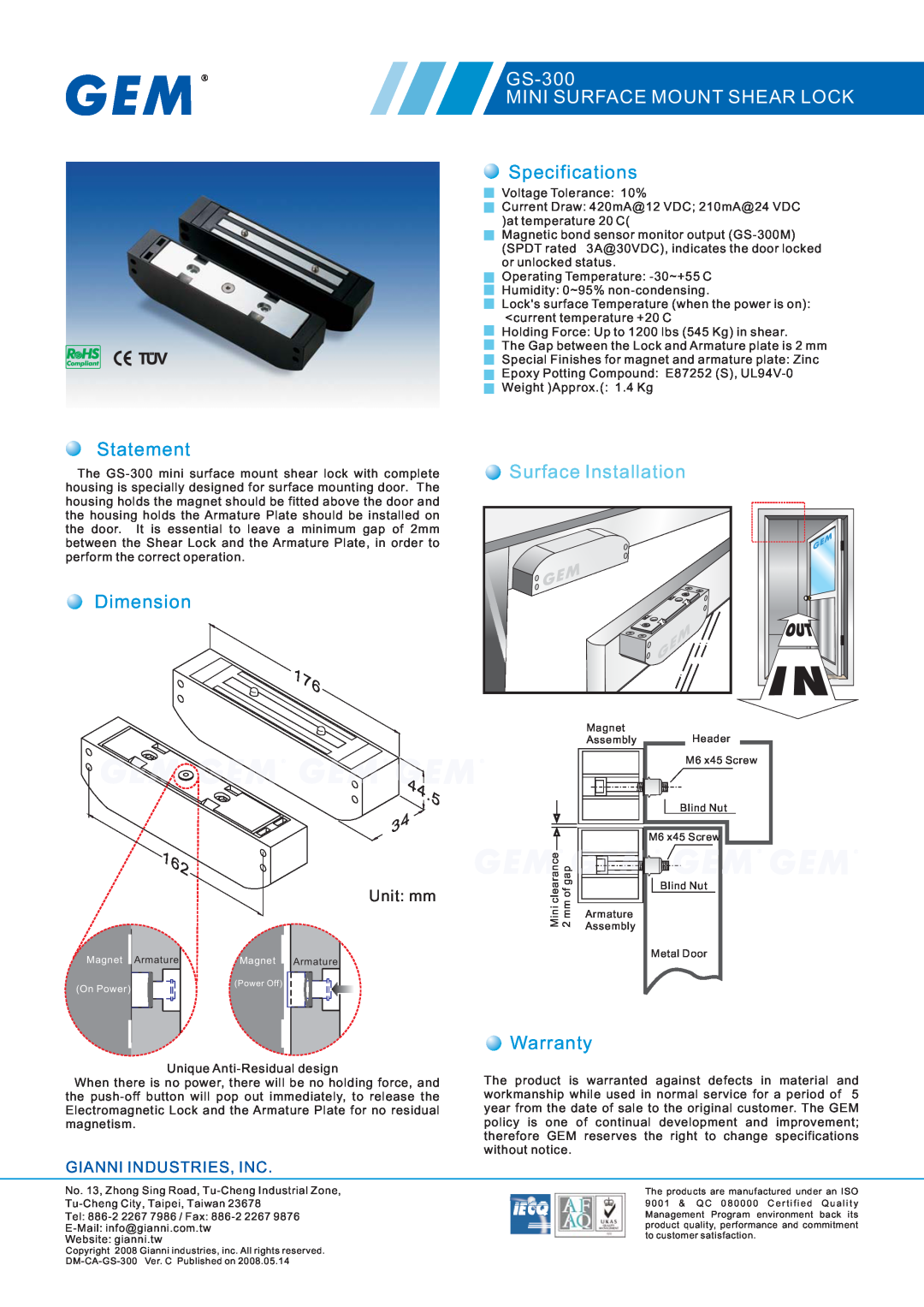 Gianni Industries specifications Statement, Dimension, GS-300 MINI SURFACE MOUNT SHEAR LOCK, Specifications, Warranty 