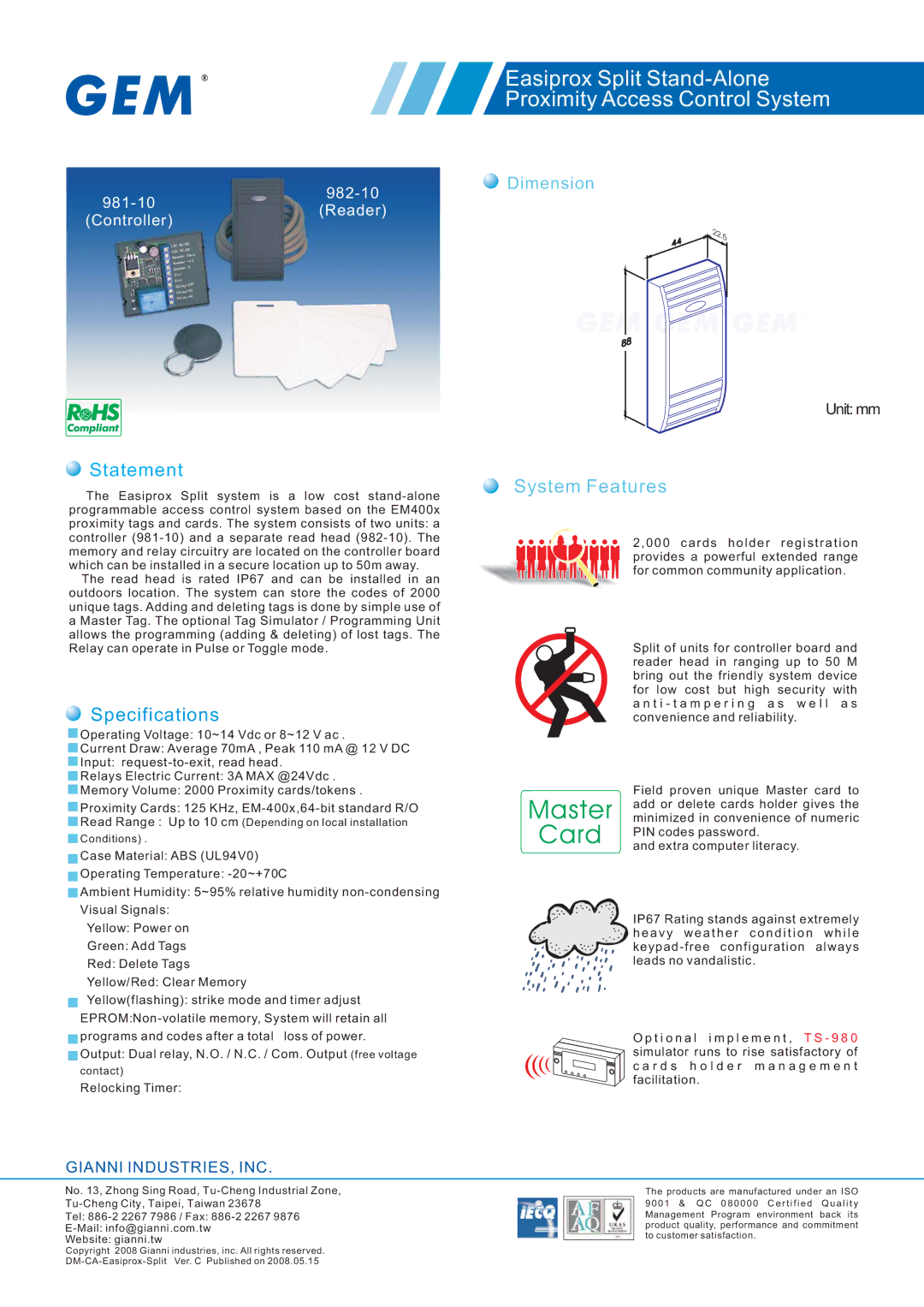 Gianni Industries IP67 specifications Statement, Specifications, System Features 