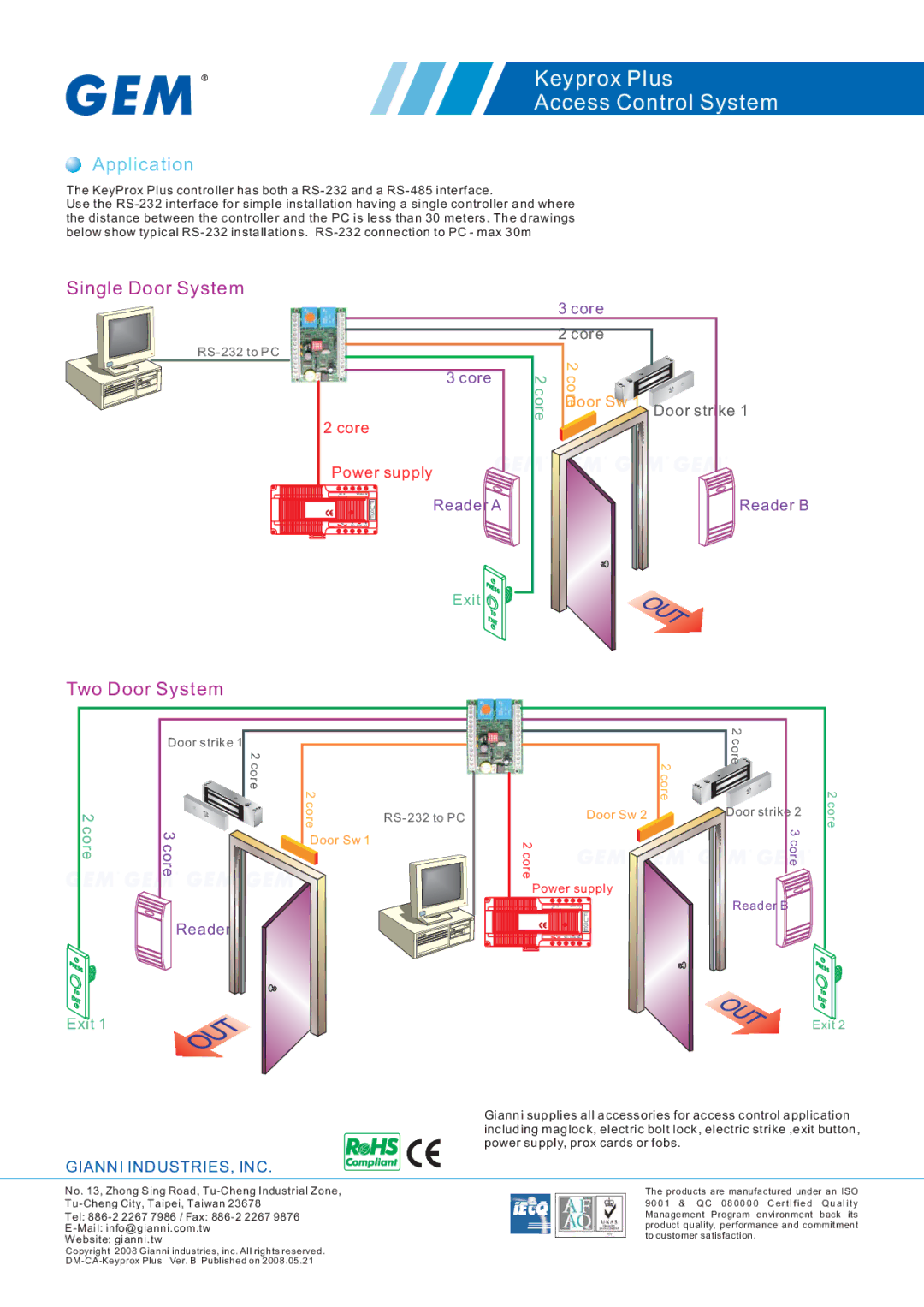 Gianni Industries Keyprox Plus manual Application, Single Door System, Two Door System 