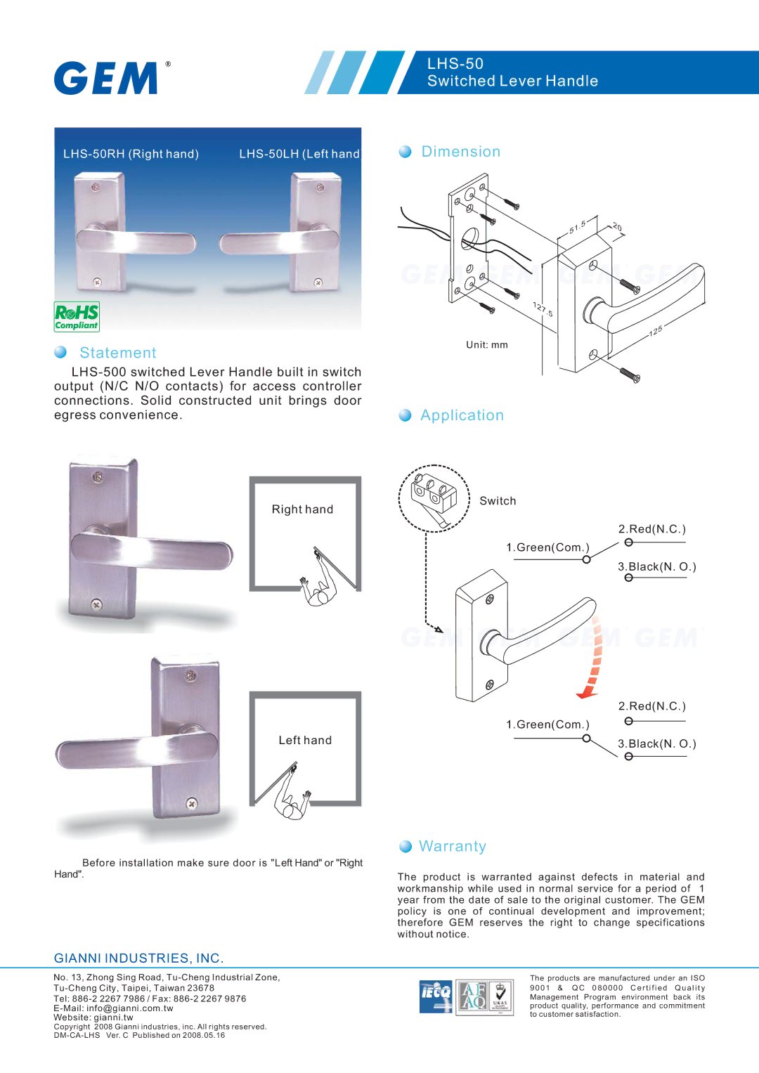 Gianni Industries LHS-50LH specifications Statement, LHS-50 Switched Lever Handle, Dimension, Application, Warranty 