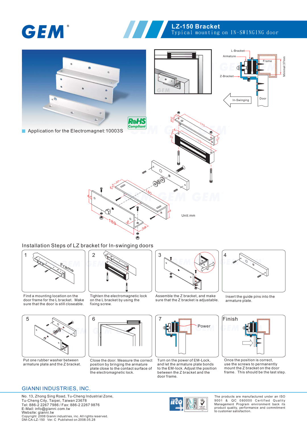 Gianni Industries LZ-150 manual 180, Installation Steps of LZ bracket for In-swinging doors, Finish 