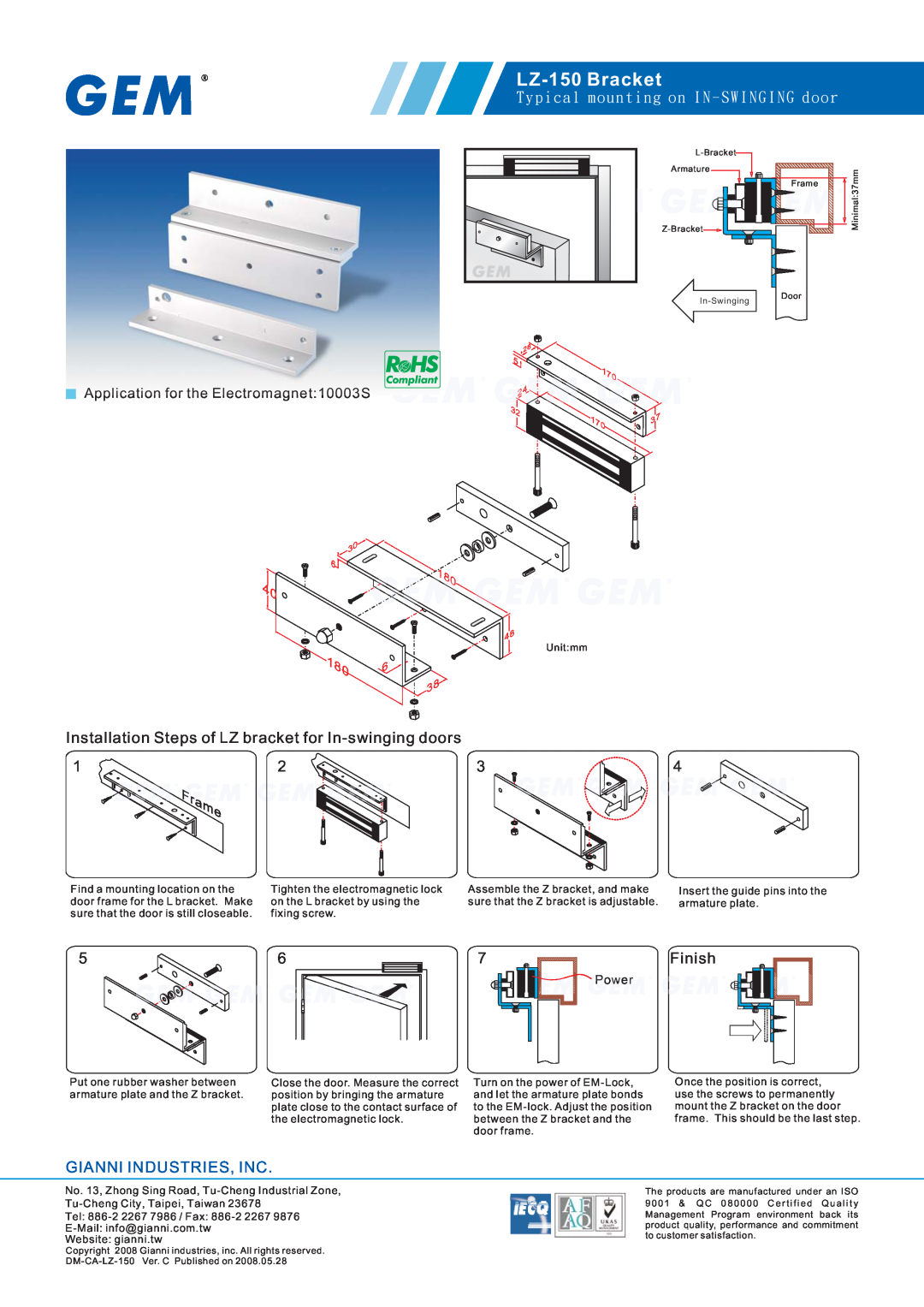 Gianni Industries LZ-150 manual Installation Steps of LZ bracket for In-swinging doors, Finish, Gianni Industries, Inc 
