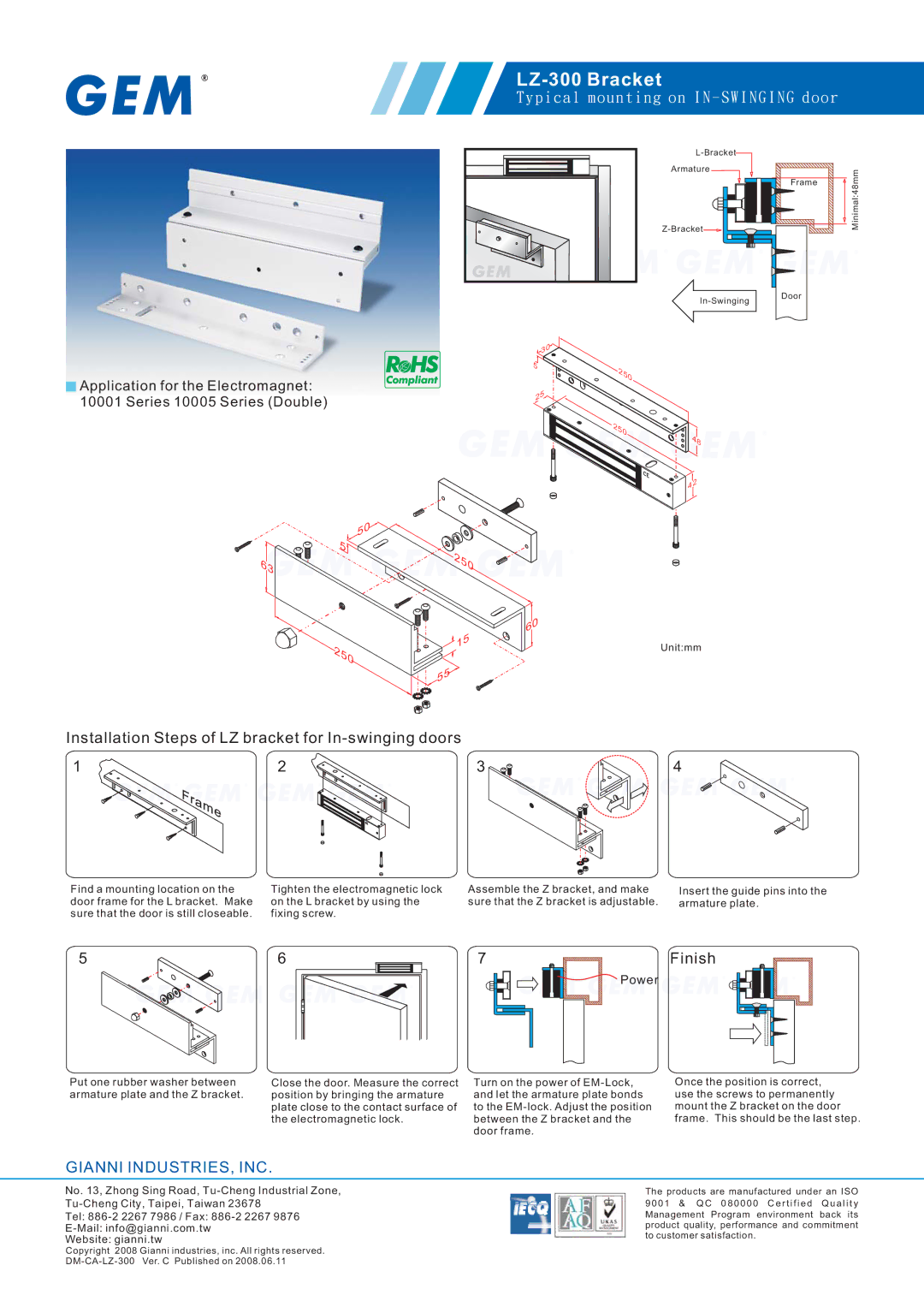 Gianni Industries manual LZ-300 Bracket, 250, Installation Steps of LZ bracket for In-swinging doors, Finish 