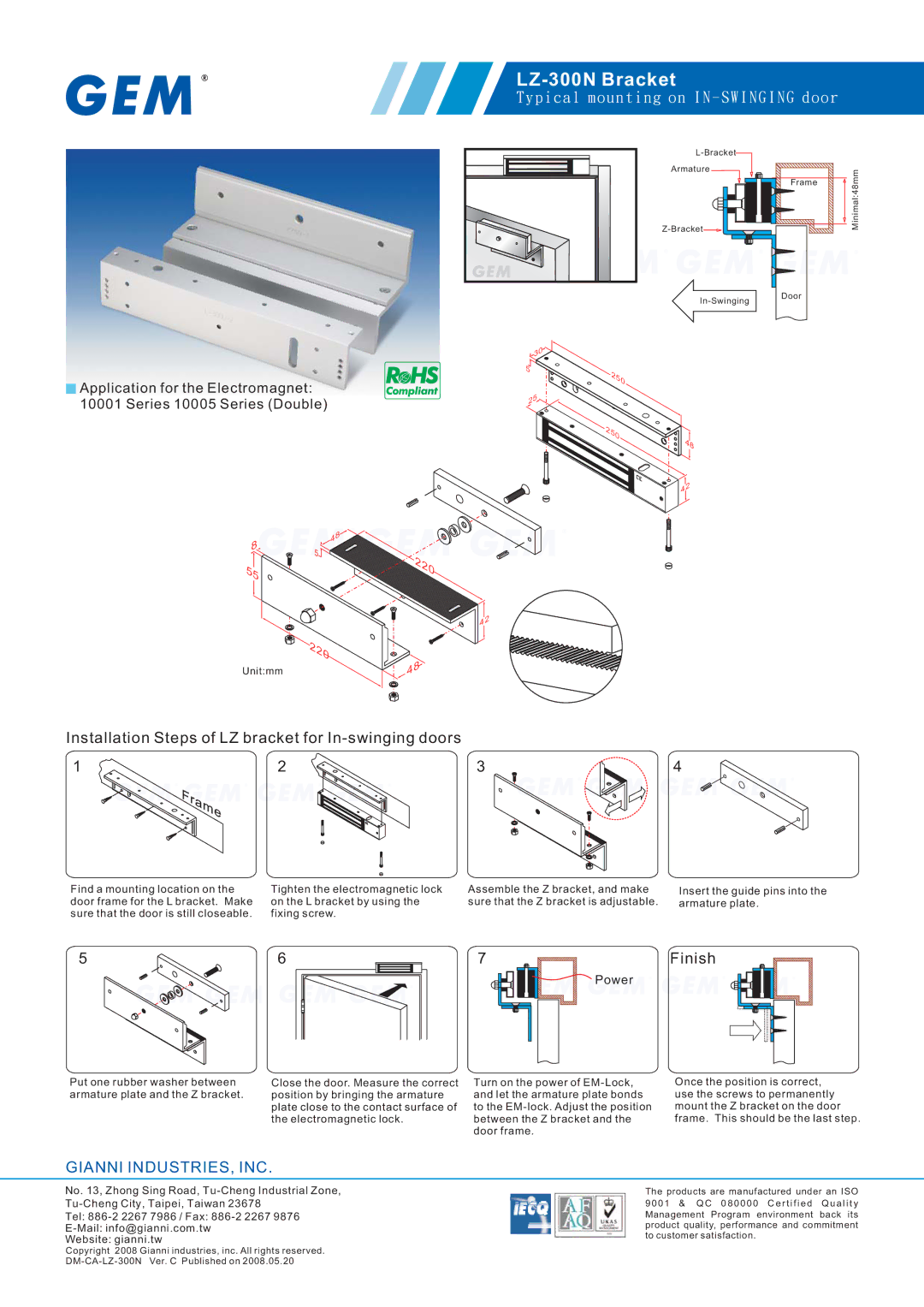 Gianni Industries manual LZ-300N Bracket, Installation Steps of LZ bracket for In-swinging doors, Finish, Power 