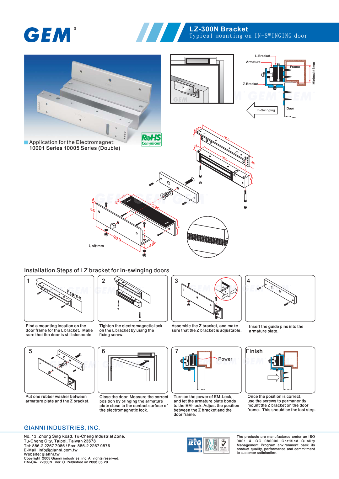 Gianni Industries manual LZ-300N Bracket, Installation Steps of LZ bracket for In-swinging doors, Finish, Power 