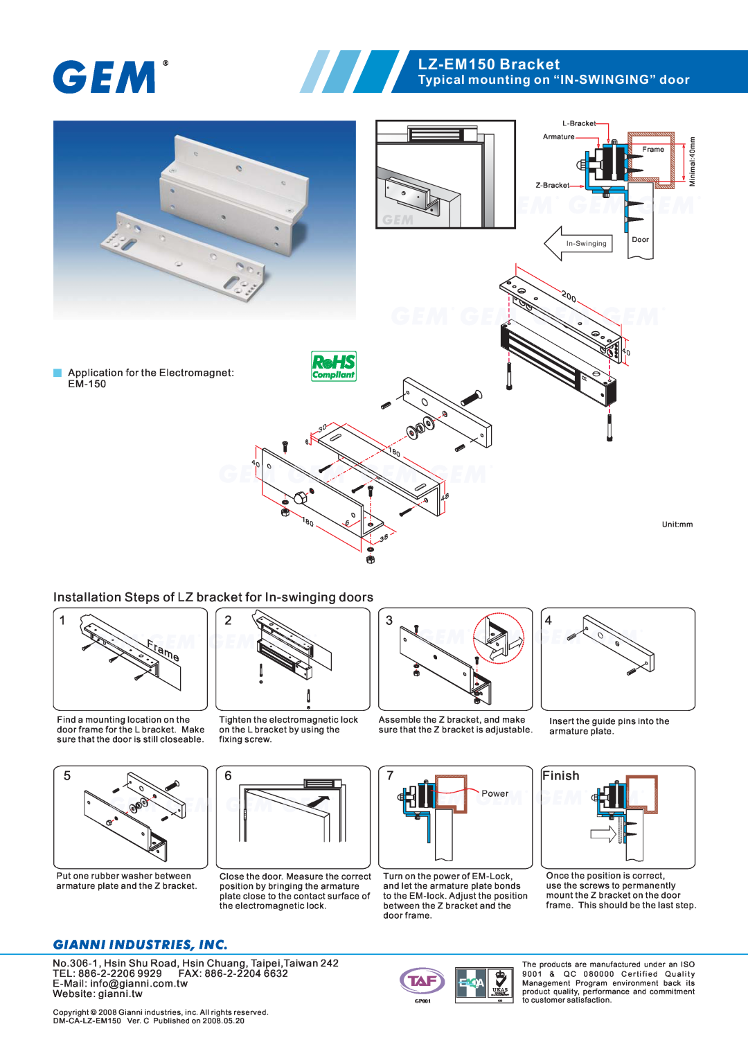Gianni Industries manual LZ-EM150 Bracket, Typical mounting on “IN-SWINGING” door, Finish, Gianni Industries, Inc 