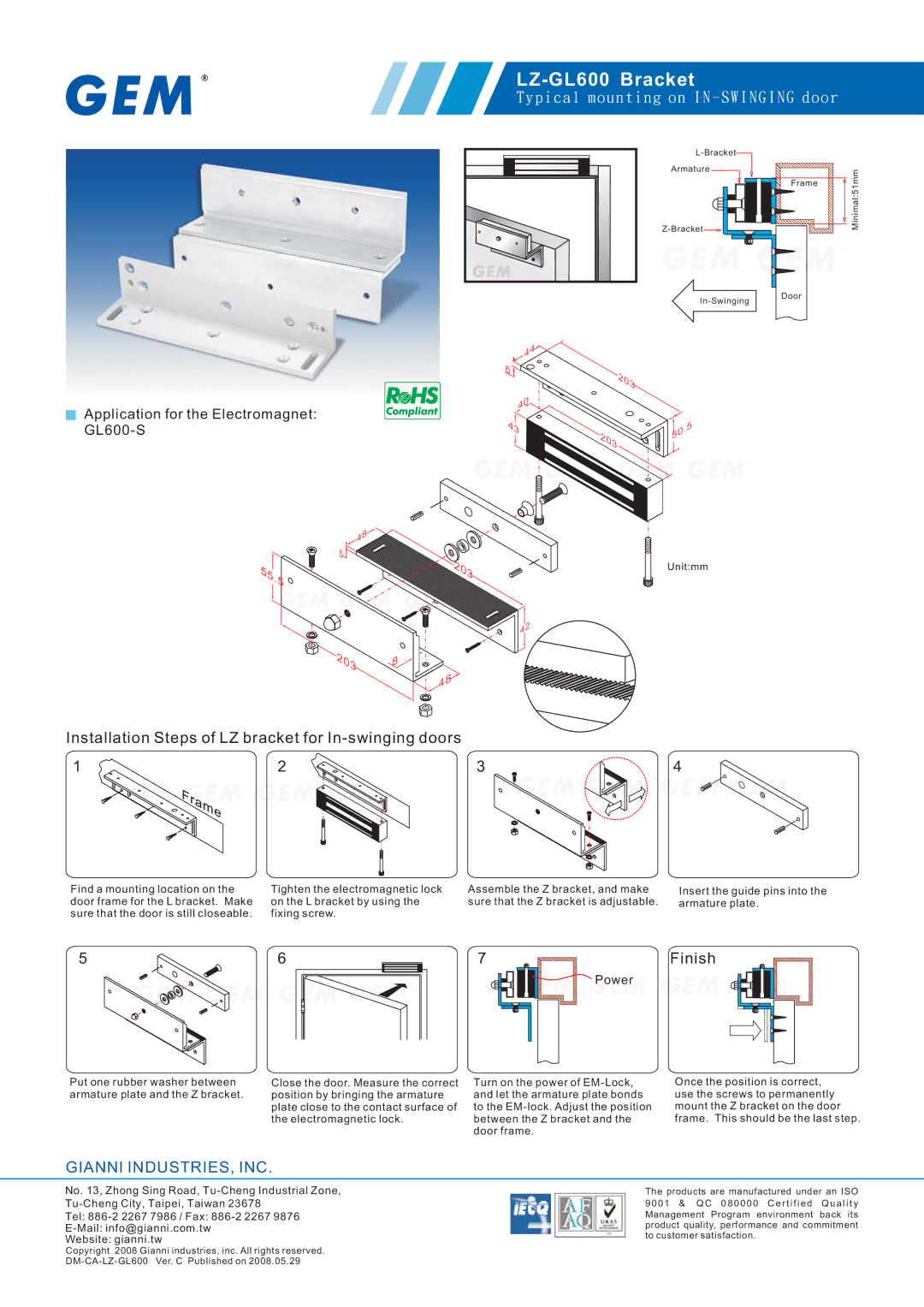 Gianni Industries manual LZ-GL600 Bracket, P i c a l m o u n t i n g o n I N S W I N G I N G d o o r, Finish 