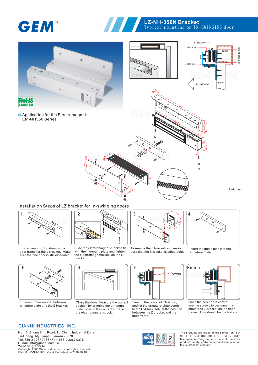 Gianni Industries manual LZ-NH-350N Bracket, P i c a l m o u n t i n g o n I N S W I N G I N G d o o r, Finish 