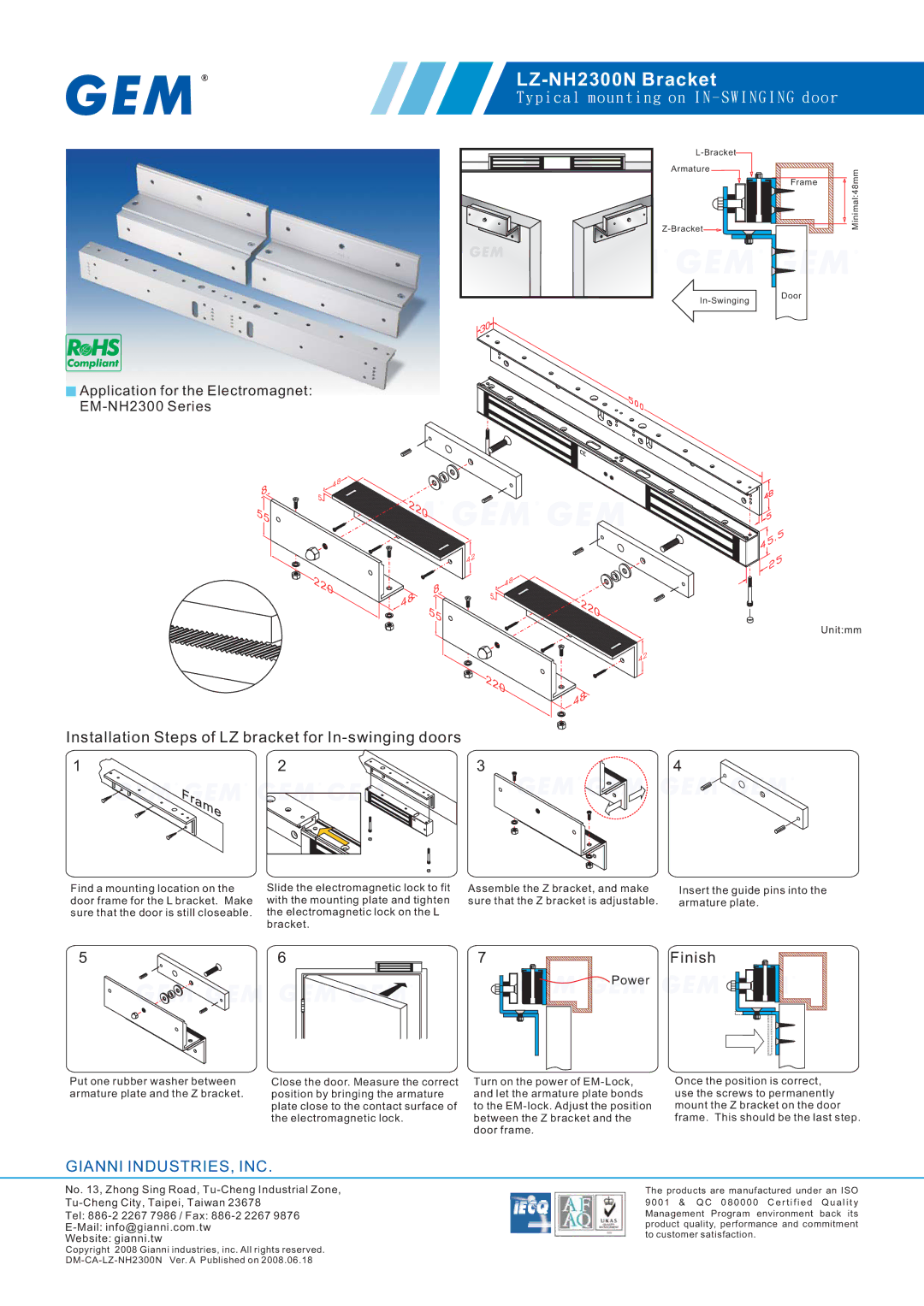 Gianni Industries manual LZ-NH2300N Bracket, P i c a l m o u n t i n g o n I N S W I N G I N G d o o r, Finish 