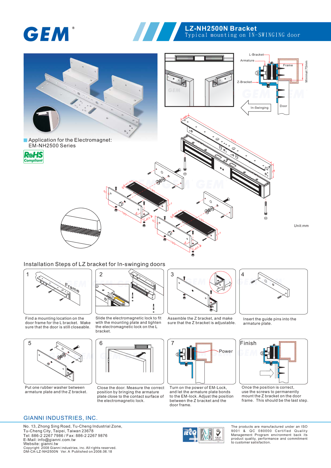 Gianni Industries manual LZ-NH2500N Bracket, P i c a l m o u n t i n g o n I N S W I N G I N G d o o r, Finish 