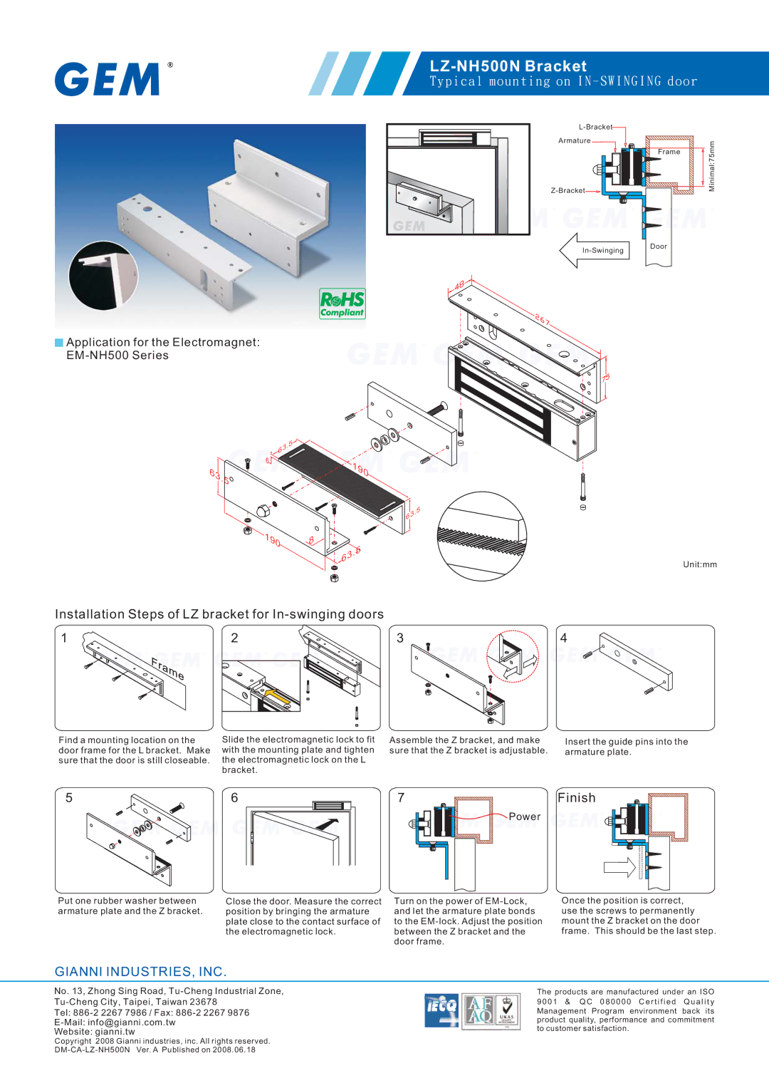 Gianni Industries manual LZ-NH500N Bracket, 63.5 190, Installation Steps of LZ bracket for In-swinging doors, Finish 