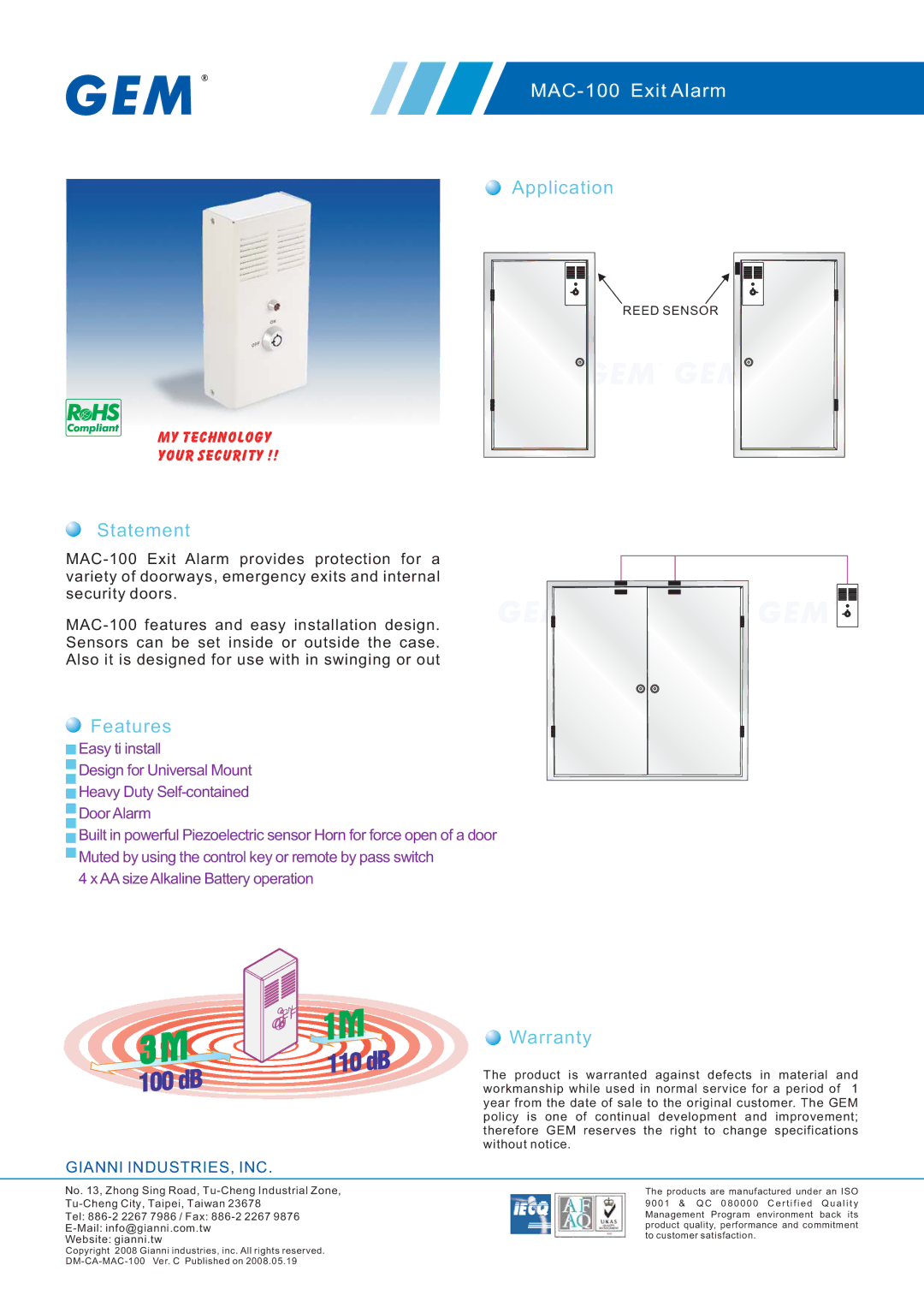 Gianni Industries warranty MAC-100 Exit Alarm, Application, Statement, Features, Warranty 