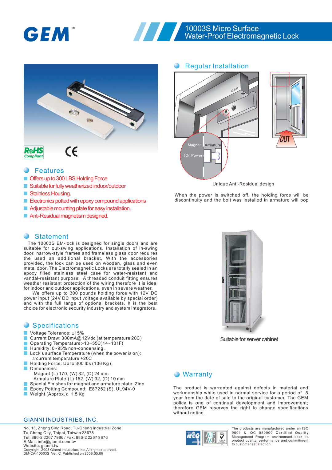 Gianni Industries Micro Surface warranty Features, Statement, Specifications, Warranty 