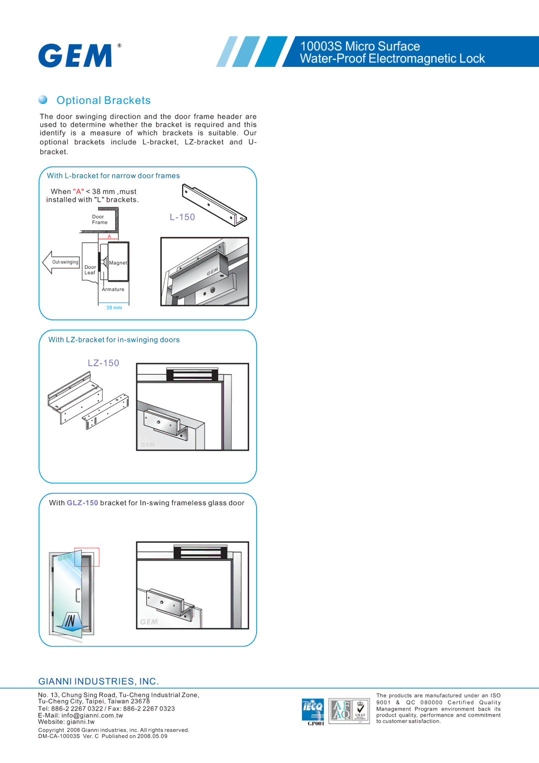 Gianni Industries warranty 10003S Micro Surface Water-Proof Electromagnetic Lock, Optional Brackets 