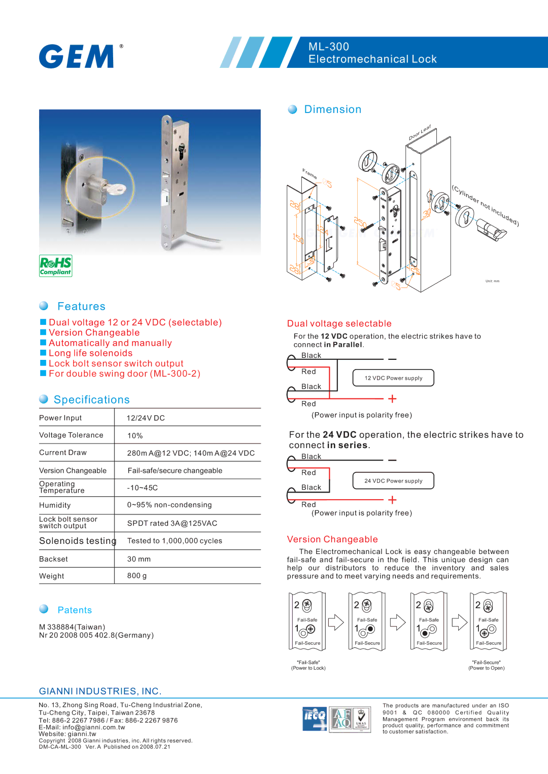 Gianni Industries ML-300 specifications Dimension Features, Specifications, Dual voltage selectable 