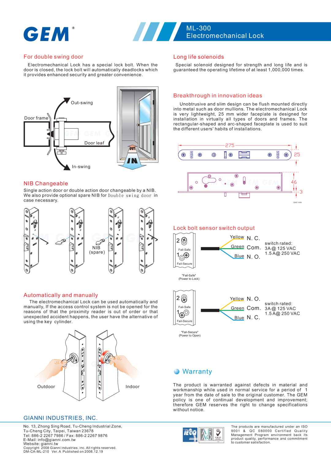 Gianni Industries ML-300 specifications Warranty, For double swing door, NIB Changeable, Breakthrough in innovation ideas 