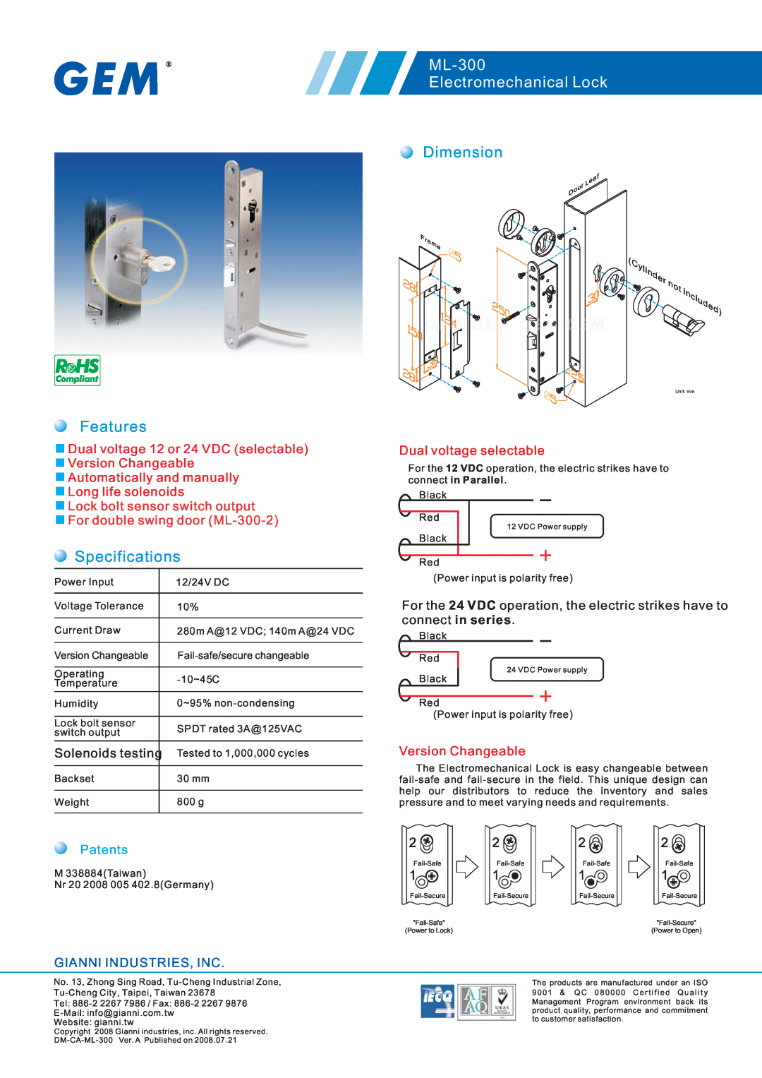 Gianni Industries specifications ML-300 Electromechanical Lock, Dimension, Features, Specifications, Solenoids testing 