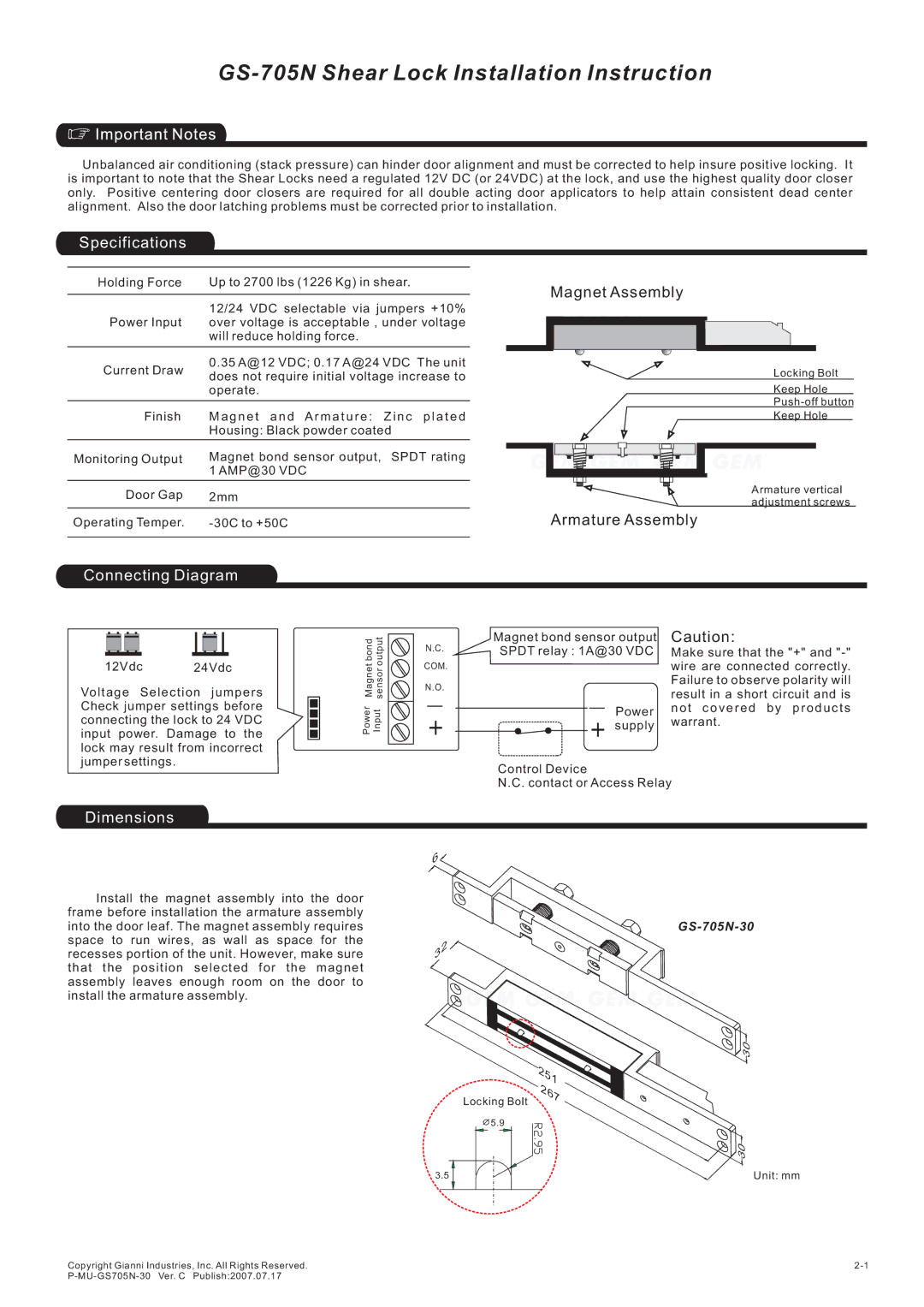 Gianni Industries P-MU-GS705N-30 specifications Specifications, Connecting Diagram, Dimensions 