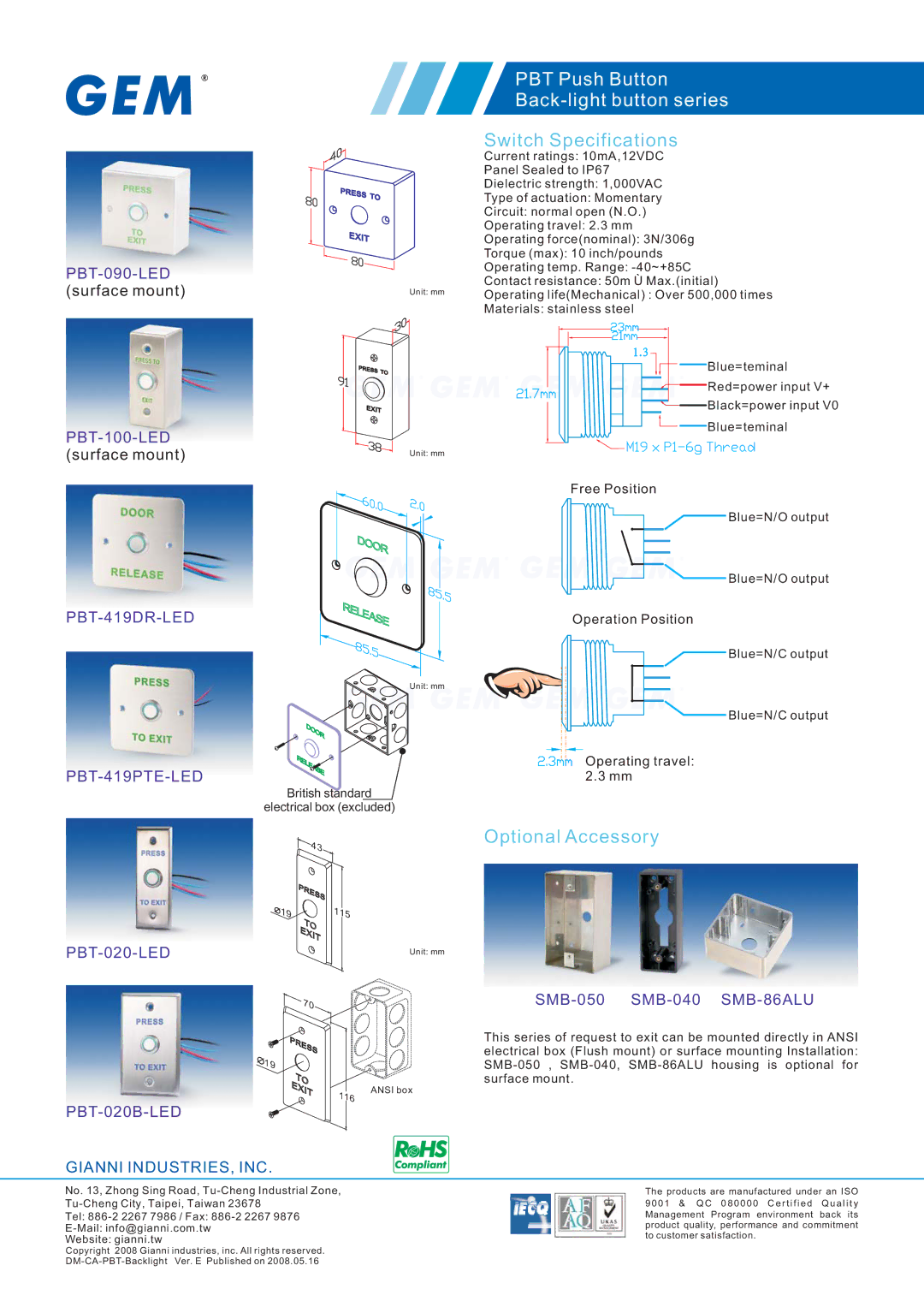 Gianni Industries PBT-060BL, PBT-015B Switch Specifications, Optional Accessory, PBT-419DR-LED PBT-419PTE-LED PBT-020-LED 