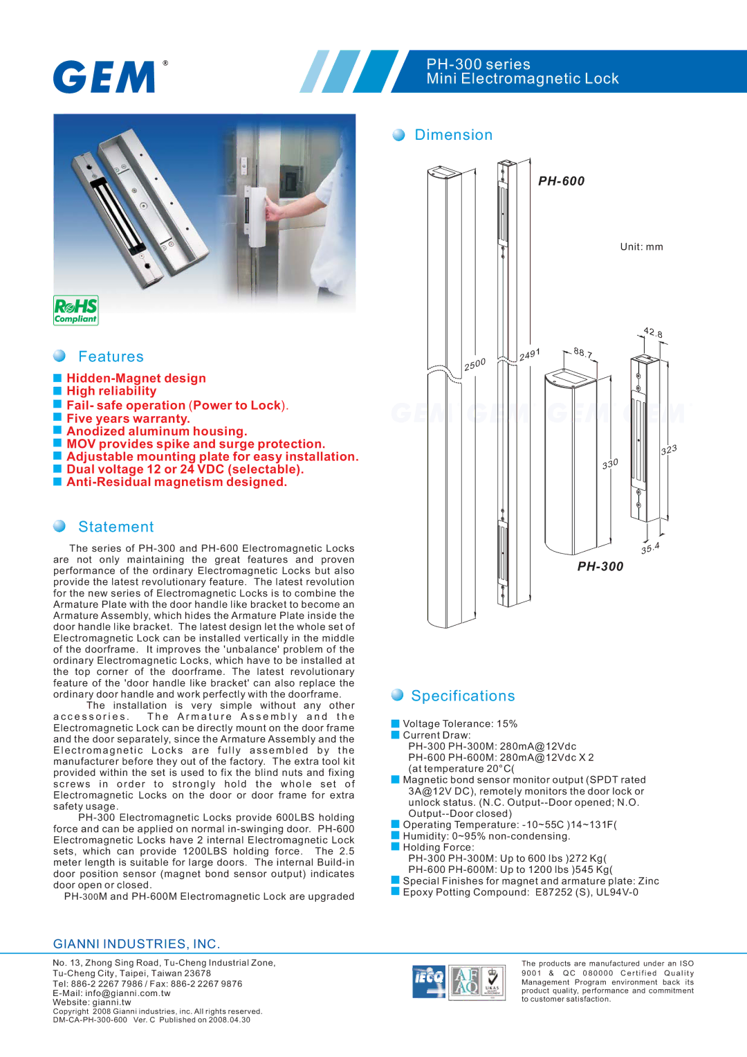 Gianni Industries PH-300 Series, PH-600 Series specifications Features, Statement, Dimension, Specifications 