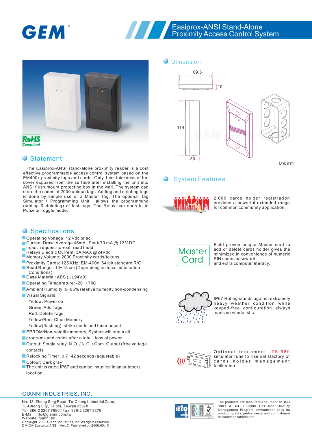 Gianni Industries specifications Easiprox-ANSI Stand-Alone Proximity Access Control System, Statement, Specifications 