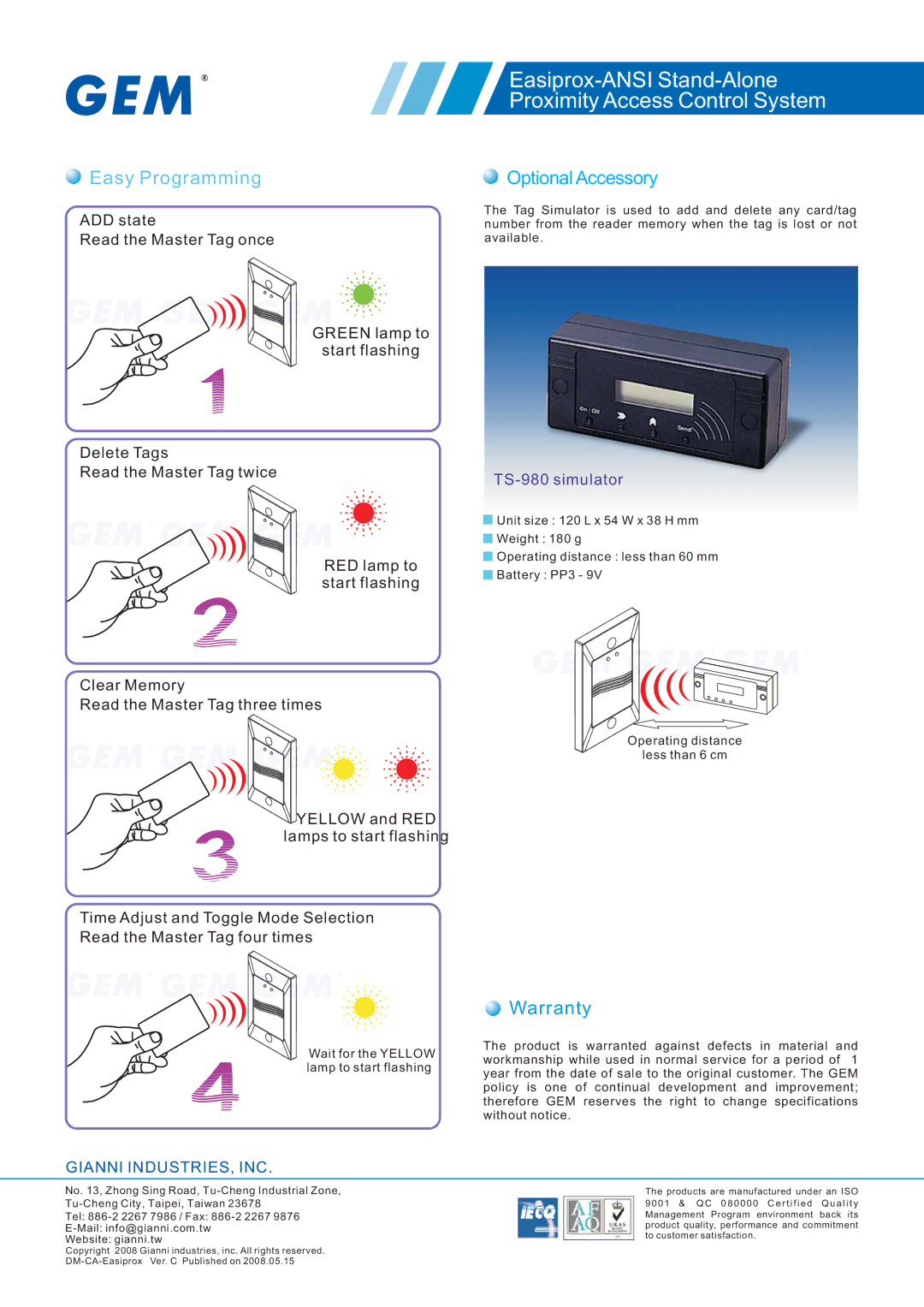 Gianni Industries Proximity Access Control System Easy Programming, Optional Accessory, Warranty, TS-980 simulator 