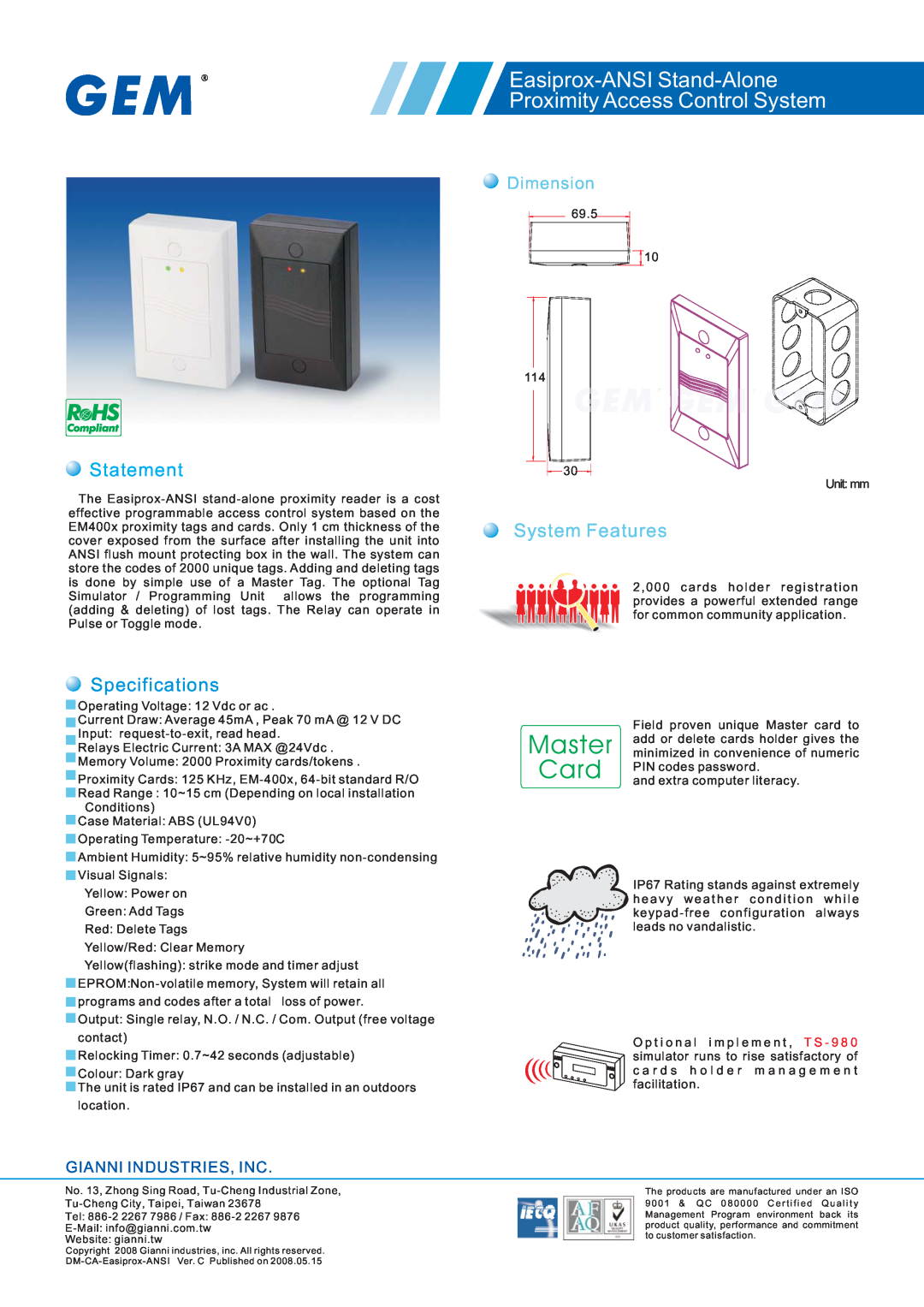 Gianni Industries specifications Easiprox-ANSI Stand-Alone Proximity Access Control System, Statement, Specifications 