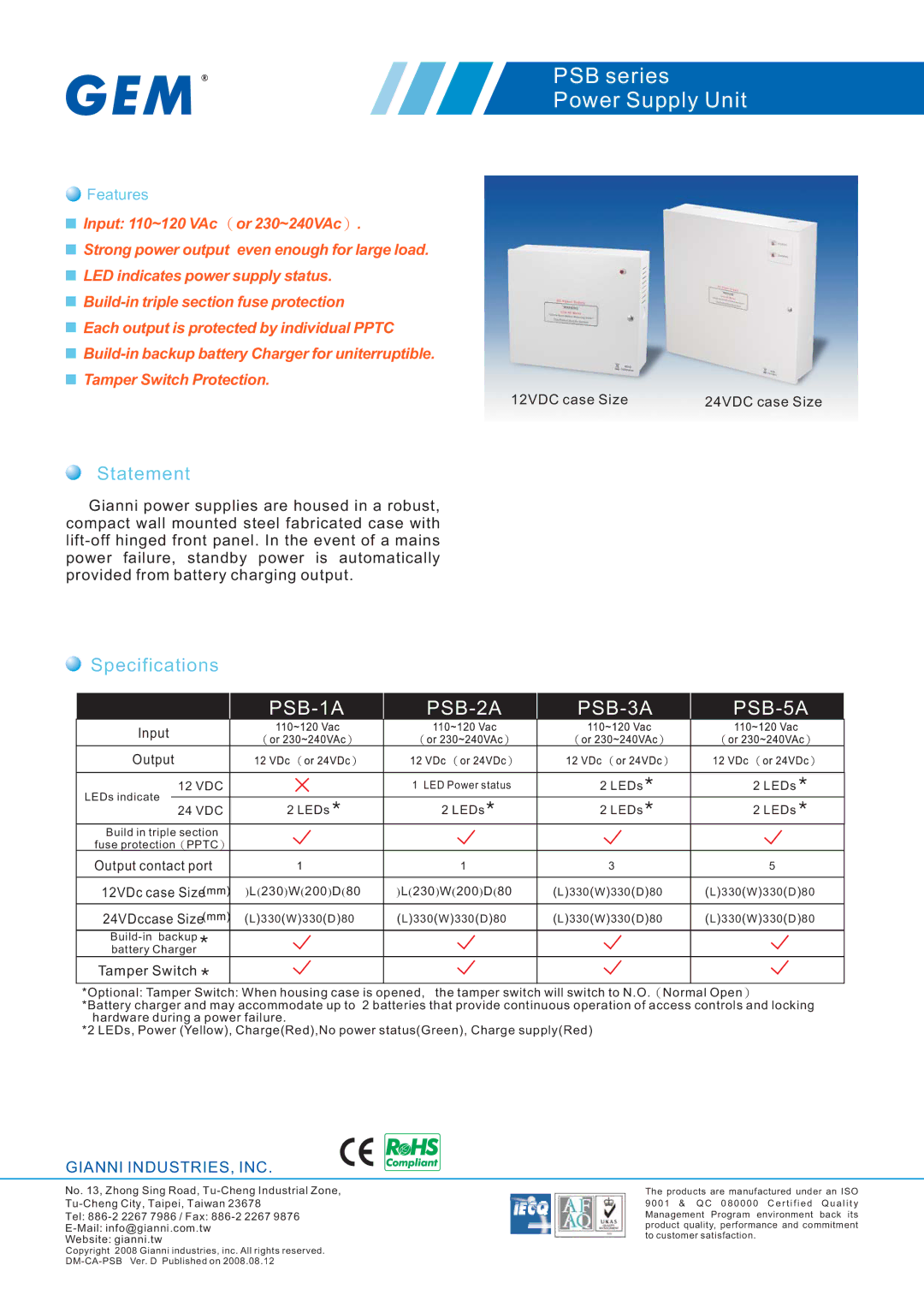 Gianni Industries PSB series specifications Statement, Specifications, 12VDC case Size 24VDC case Size, Input Output 