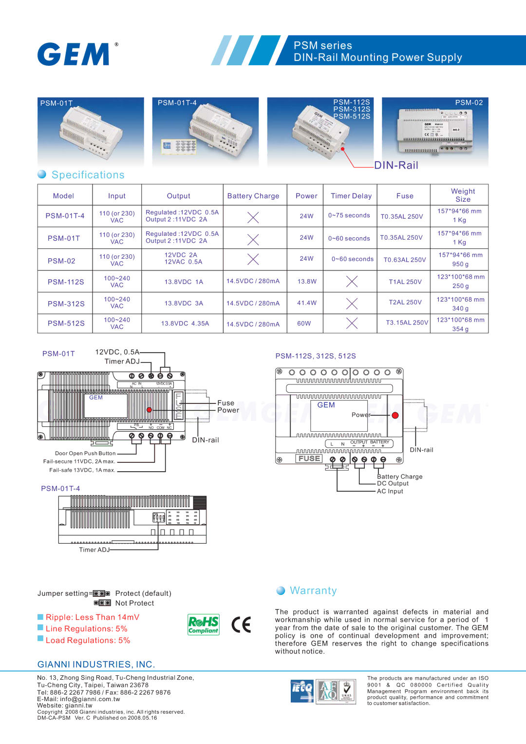 Gianni Industries PSM-112S, PSM-512S, PSM-312S warranty PSM series DIN-Rail Mounting Power Supply, Specifications, Warranty 