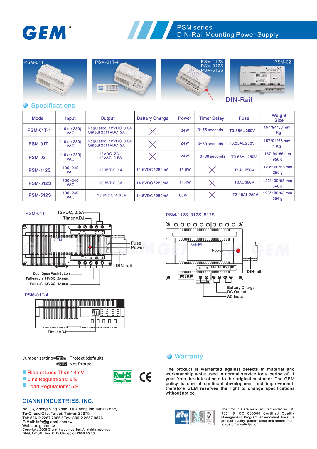 Gianni Industries PSM-112S warranty PSM series DIN-Rail Mounting Power Supply, Specifications, Warranty, 12VDC, 0.5A 