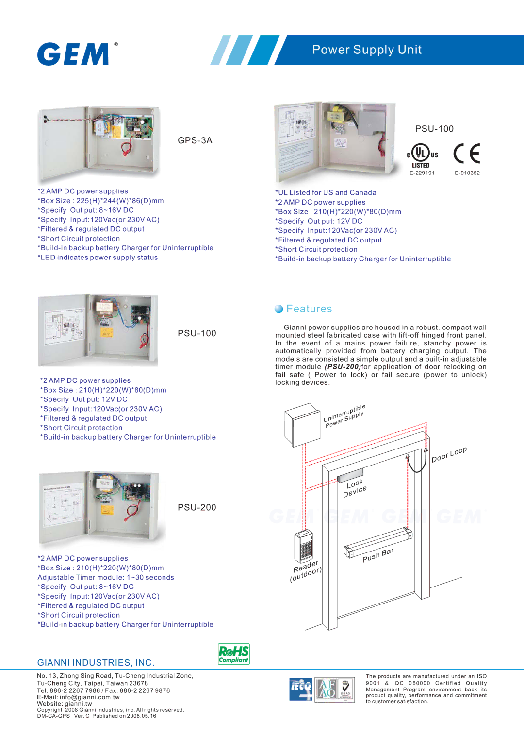 Gianni Industries PSU-100, GPS-3A manual Features, PSU-200 