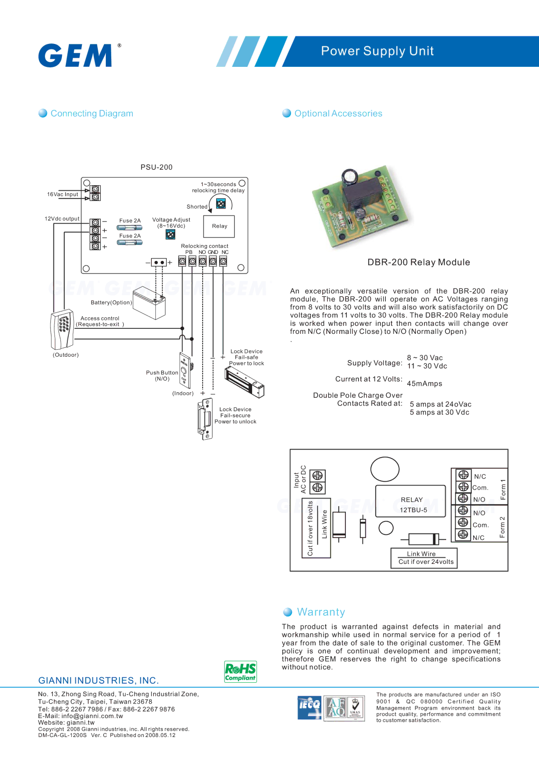 Gianni Industries GPS-3A, PSU-200, PSU-100 manual Warranty, DBR-200 Relay Module 