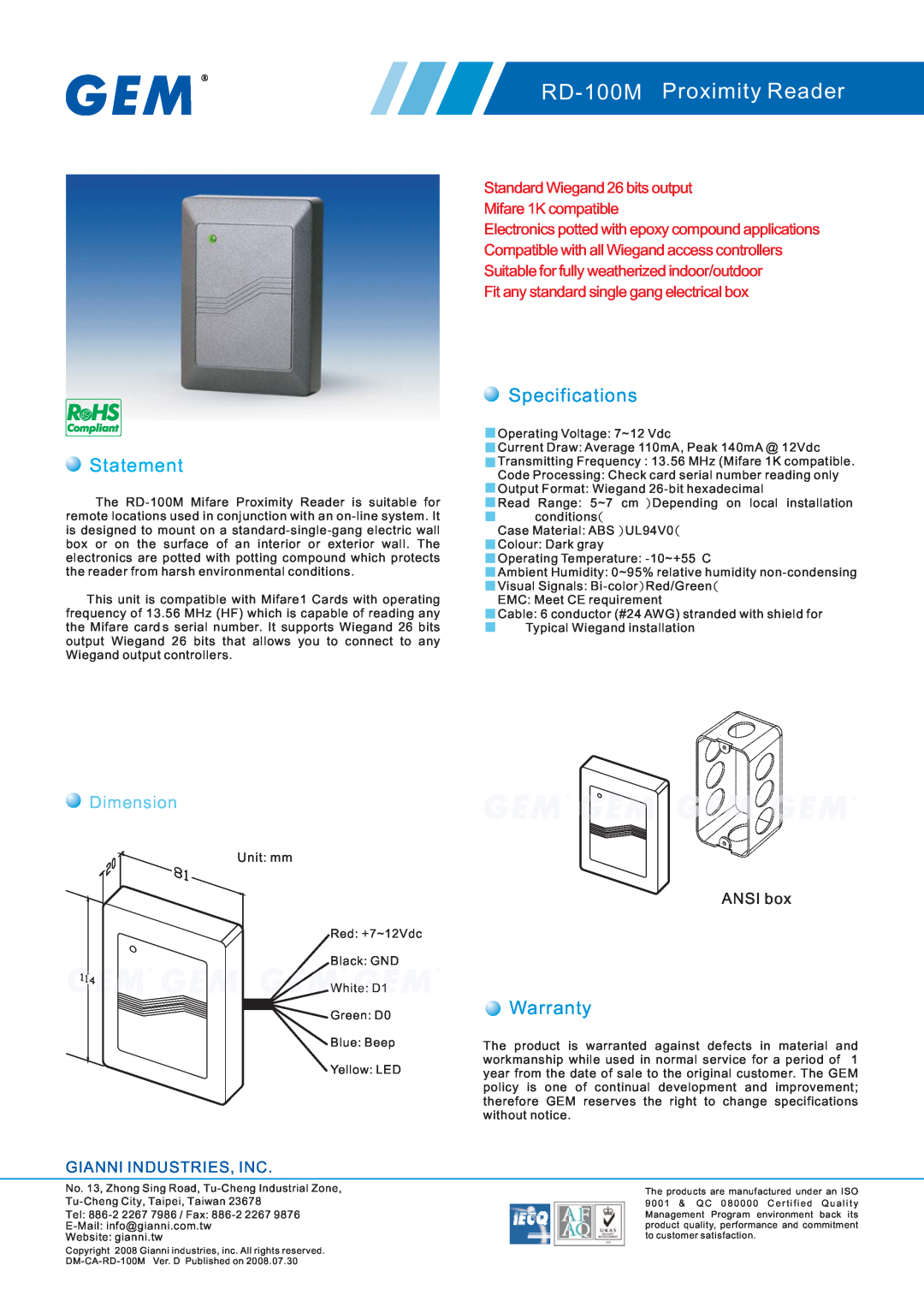 Gianni Industries specifications RD-100MProximity Reader, Statement, Specifications, Warranty, Dimension, ANSI box 