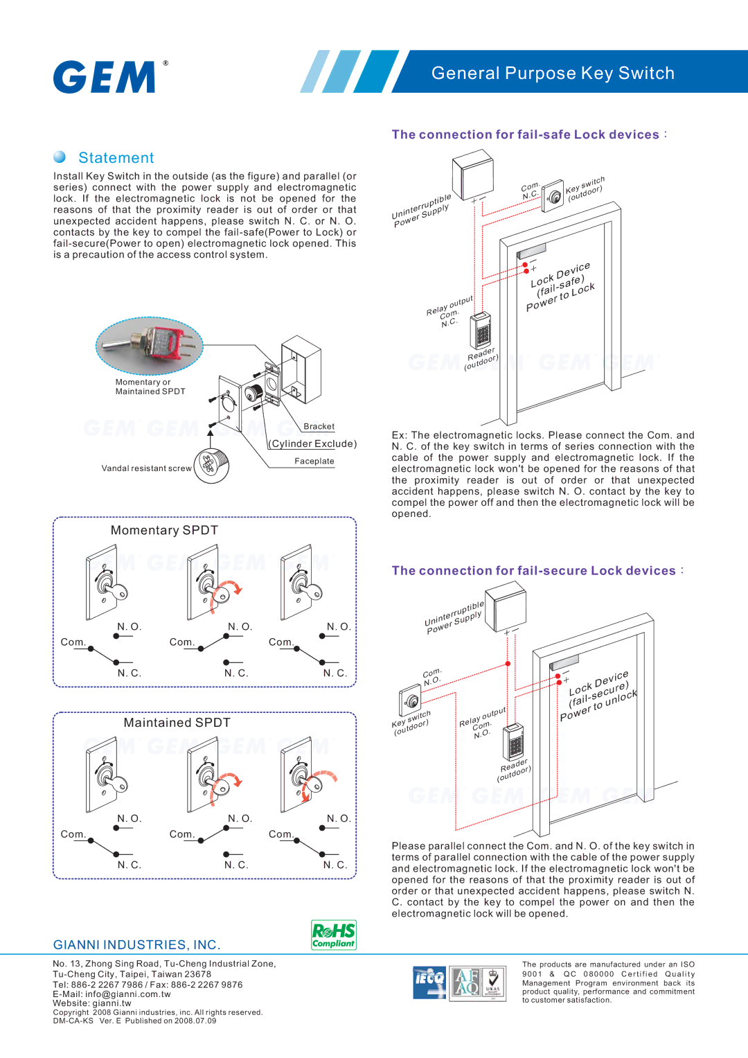 Gianni Industries KS-750S manual Statement, Connection for fail-safe Lock devices ：, Momentary Spdt, Maintained Spdt 