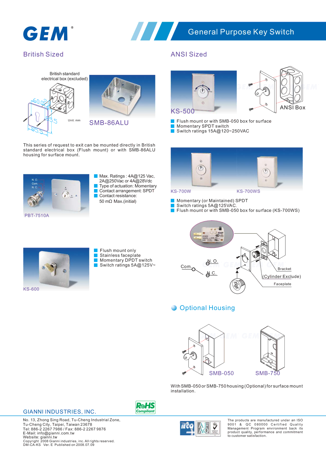 Gianni Industries SMB-370ALU, KS-750S, KS-750 Series manual Optional Housing, Ansi Box, PBT-7510A, KS-600, KS-700WKS-700WS 