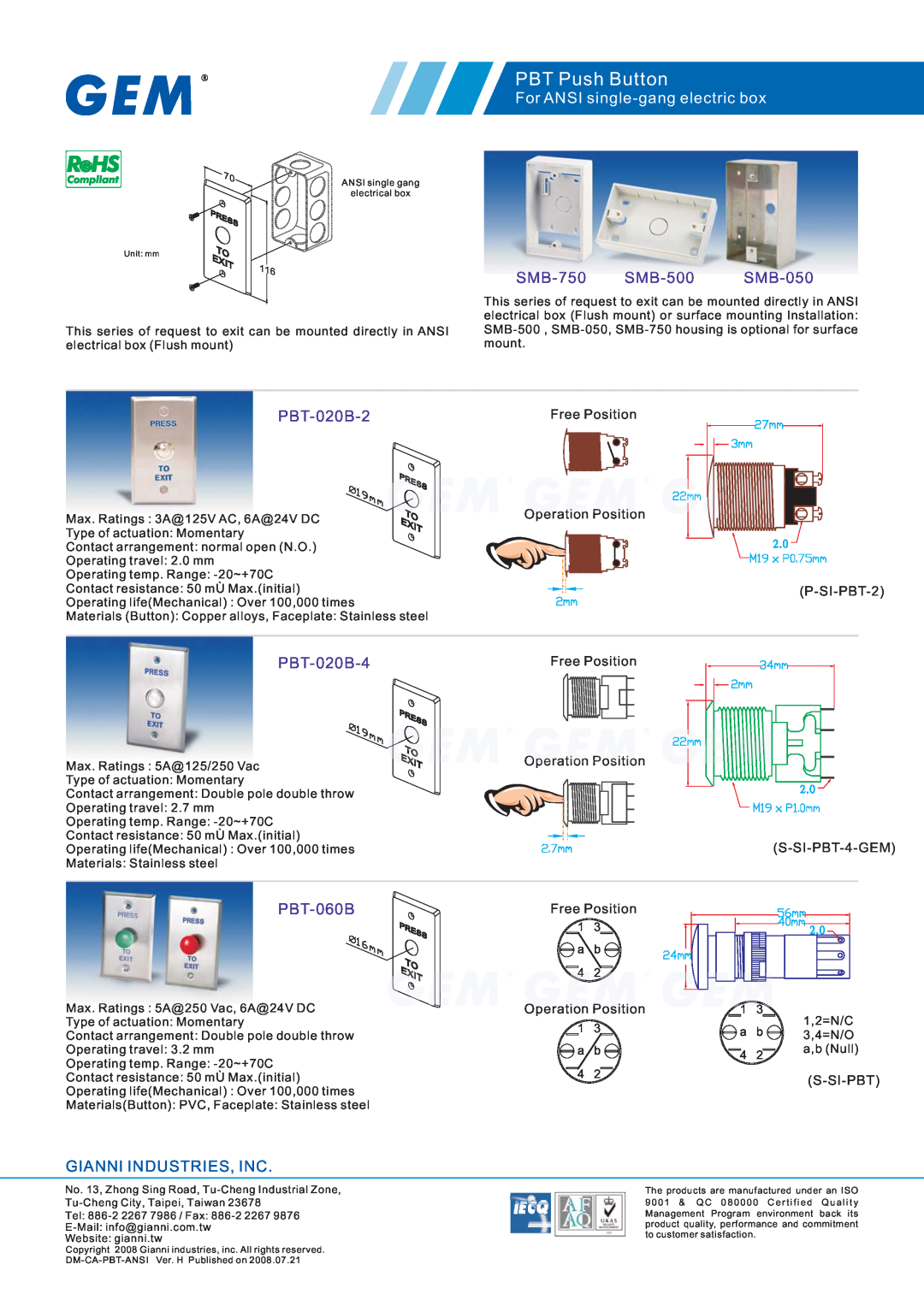 Gianni Industries SMB-500 manual PBT Push Button, For ANSI single-gang electric box, SMB-750, SMB-050, PBT-020B-2, 19mm 