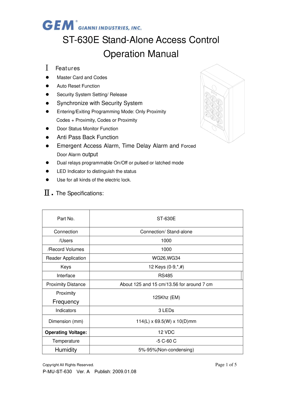 Gianni Industries ST-630E specifications Synchronize with Security System, Anti Pass Back Function, Ⅱ. The Specifications 