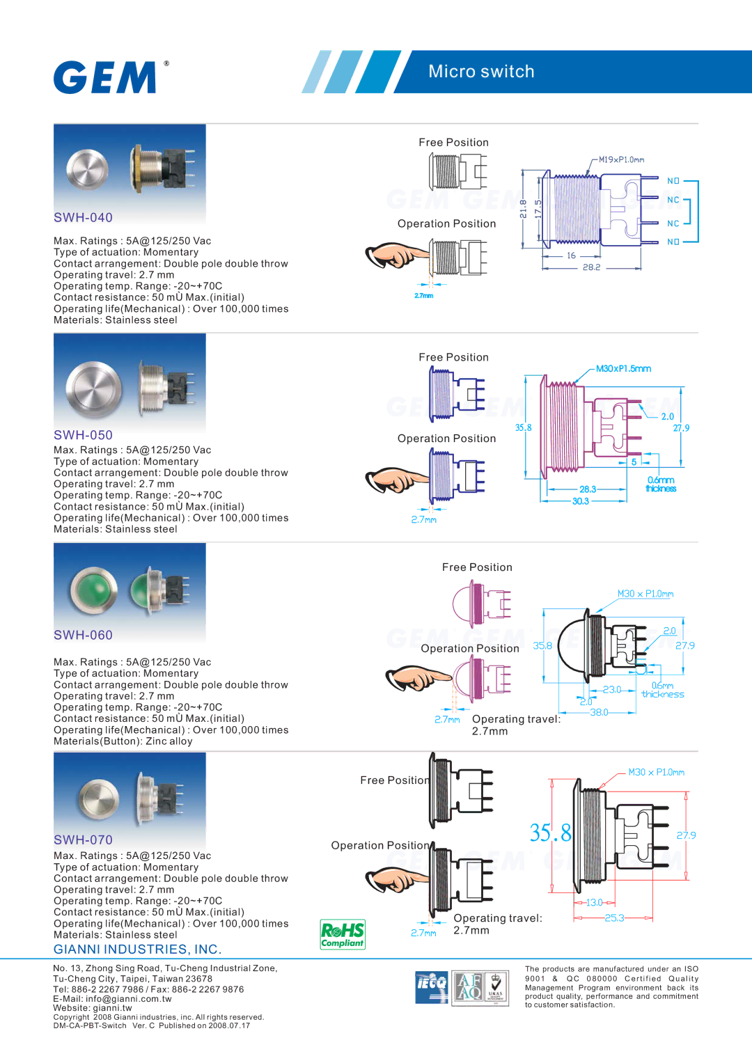 Gianni Industries SWH-060, SWH-070, SWH-040, SWH-050 manual Micro switch 