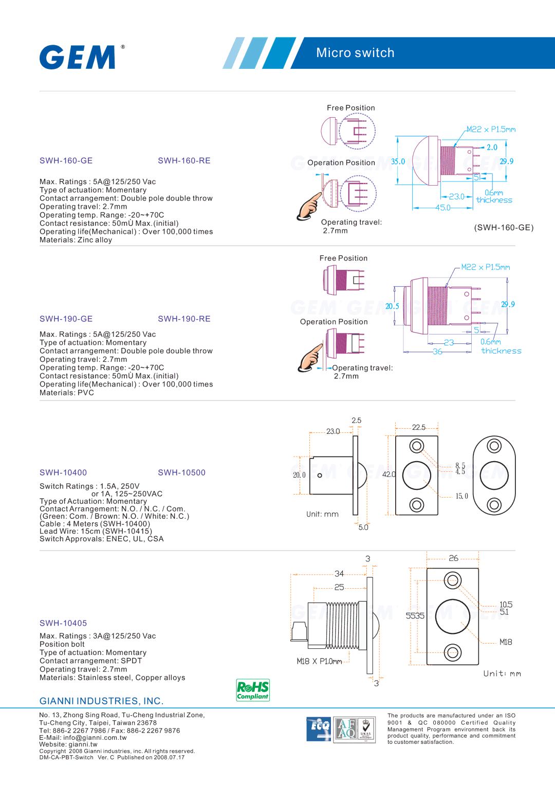 Gianni Industries SWH-050, SWH-070, SWH-060, SWH-040 manual 35.0, 29.9, 23.0, Thickness, 45.0, 20.5, M22 x P1.5mm, 6mm 