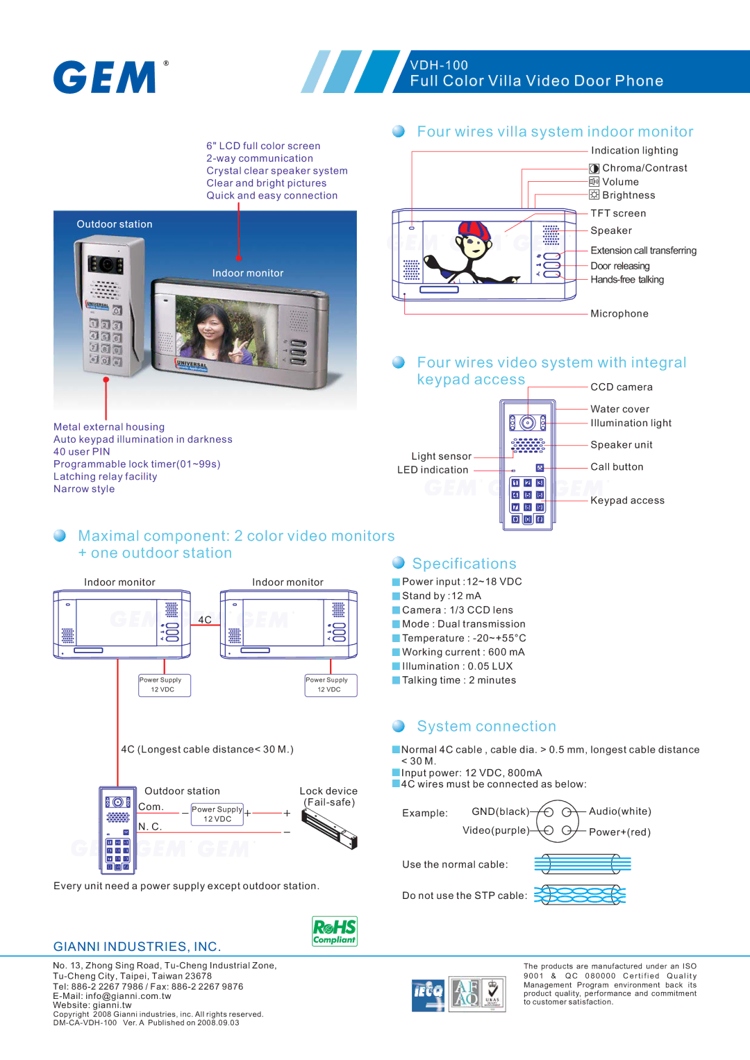 Gianni Industries VDH-100 specifications Four wires villa system indoor monitor, System connection 