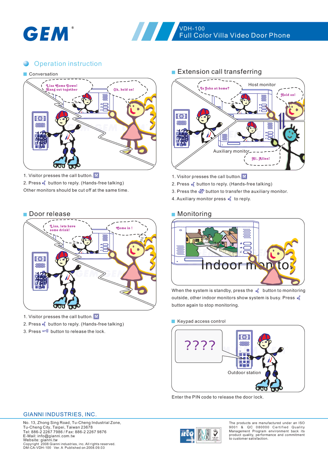 Gianni Industries VDH-100 specifications Indoor monitor, Operation instruction 