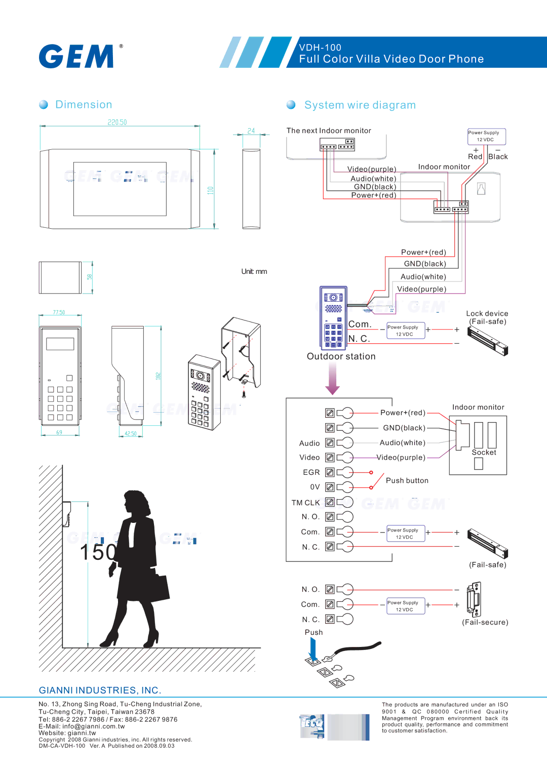 Gianni Industries VDH-100 specifications 150 cm, Dimension, System wire diagram 