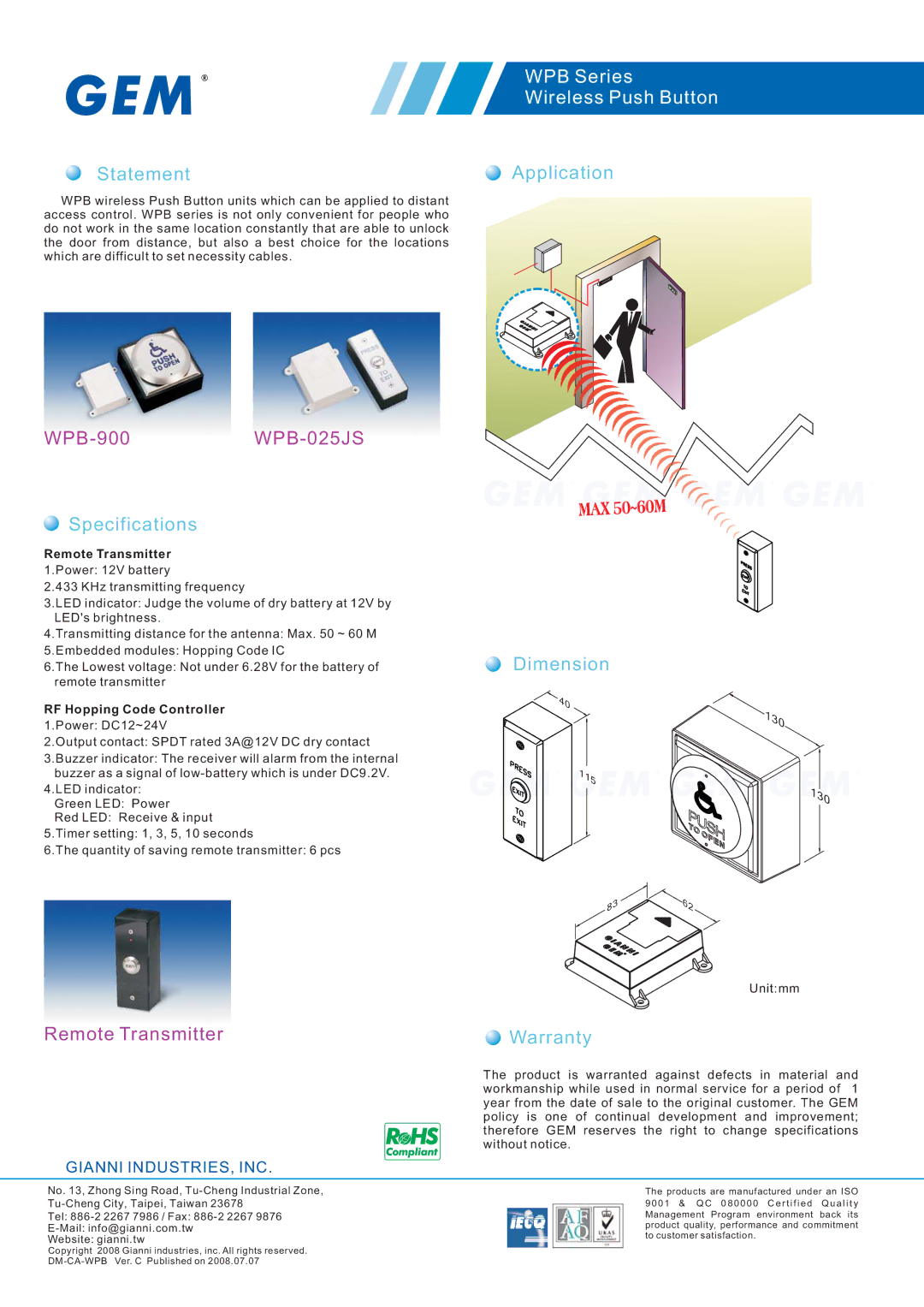 Gianni Industries specifications WPB-900WPB-025JS, WPB Series Wireless Push Button, Remote Transmitter 