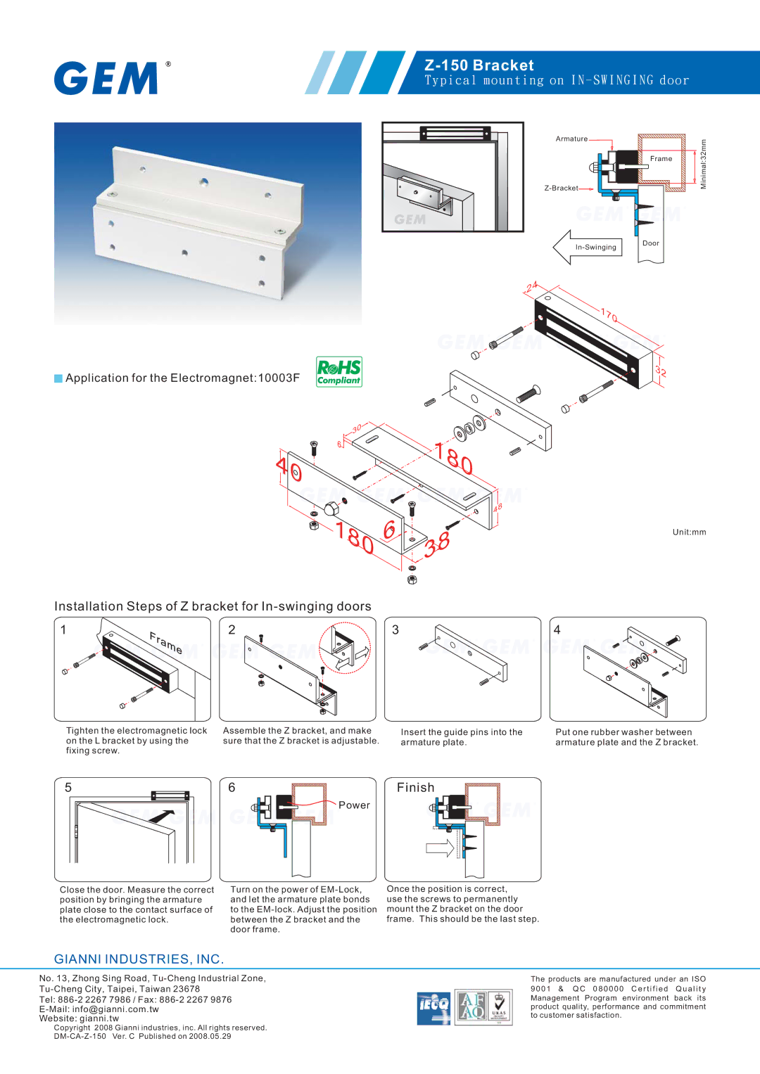 Gianni Industries Z-150 manual 180, Bracket, Installation Steps of Z bracket for In-swinging doors, Finish 