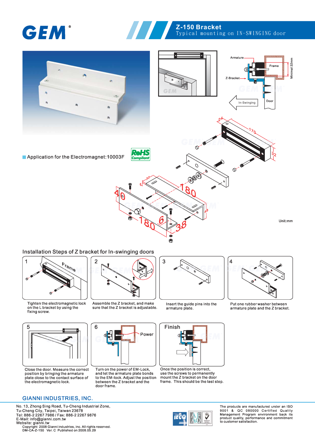 Gianni Industries manual Z-150 Bracket, Installation Steps of Z bracket for In-swinging doors, Finish, Power 