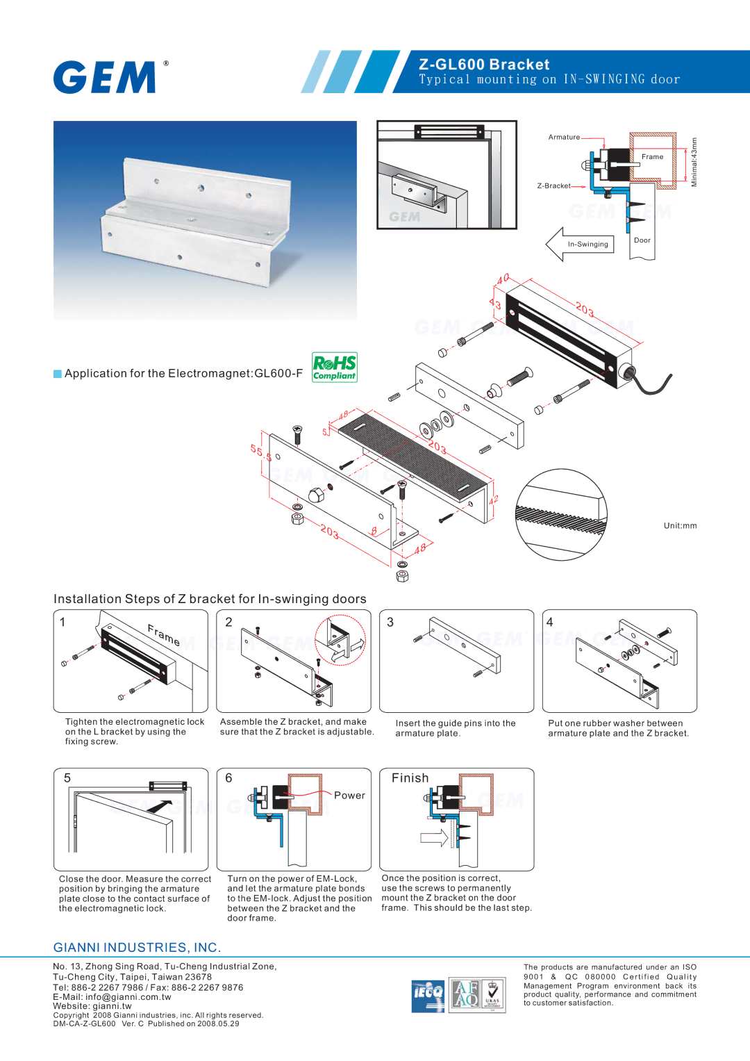 Gianni Industries Z-GL600 Bracket manual Installation Steps of Z bracket for In-swinging doors, Finish, Power 