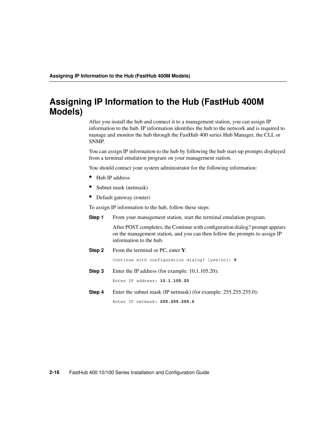 Giant 1-Feb manual Assigning IP Information to the Hub FastHub 400M Models, Enter the subnet mask IP netmask for example 