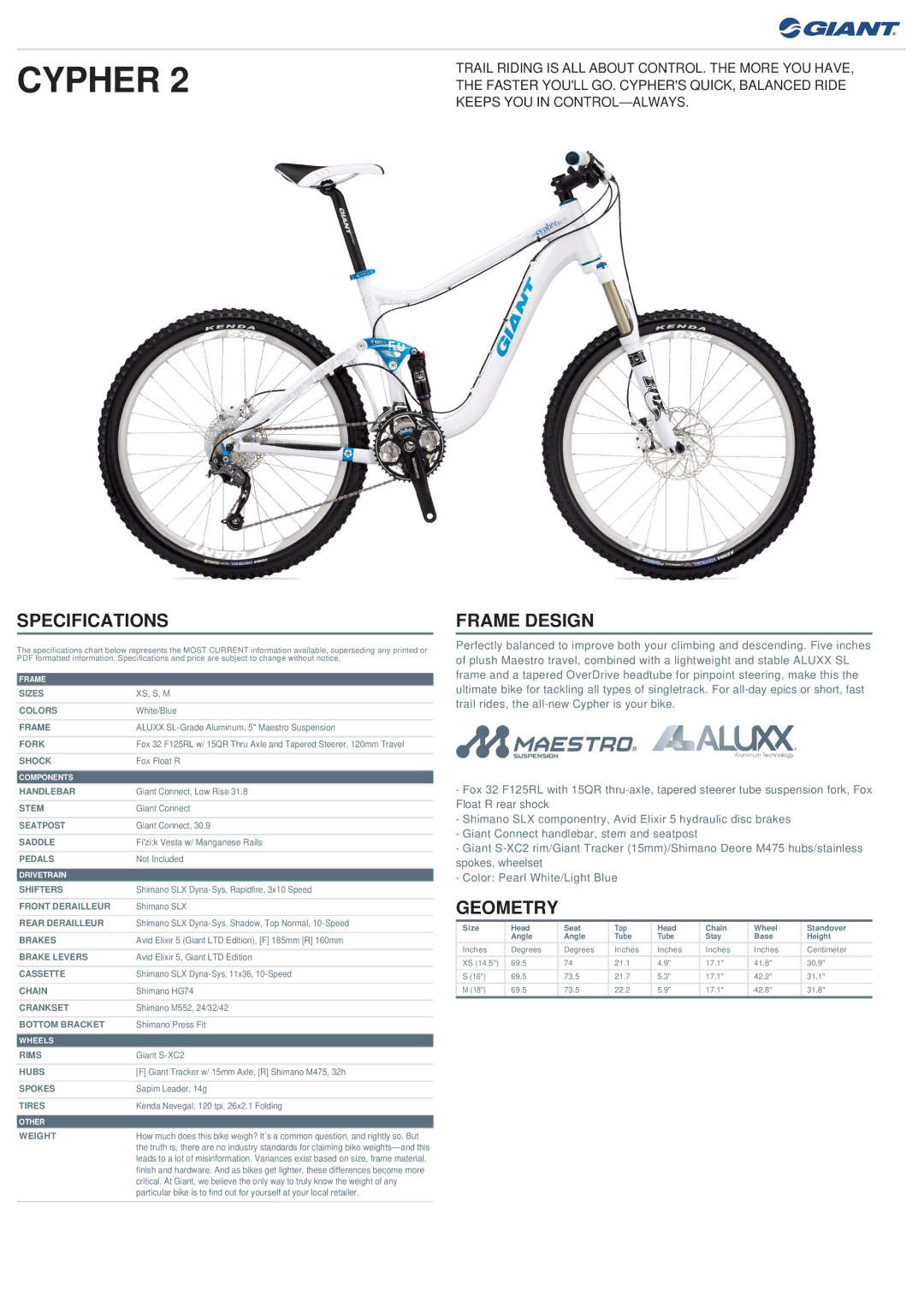 Giant 2 specifications Cypher, Specifications, Frame Design, Geometry 