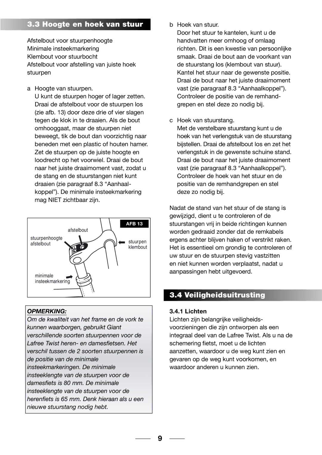 Giant 2002 Motorized Bicycle owner manual Hoogte en hoek van stuur, Veiligheidsuitrusting, Lichten 