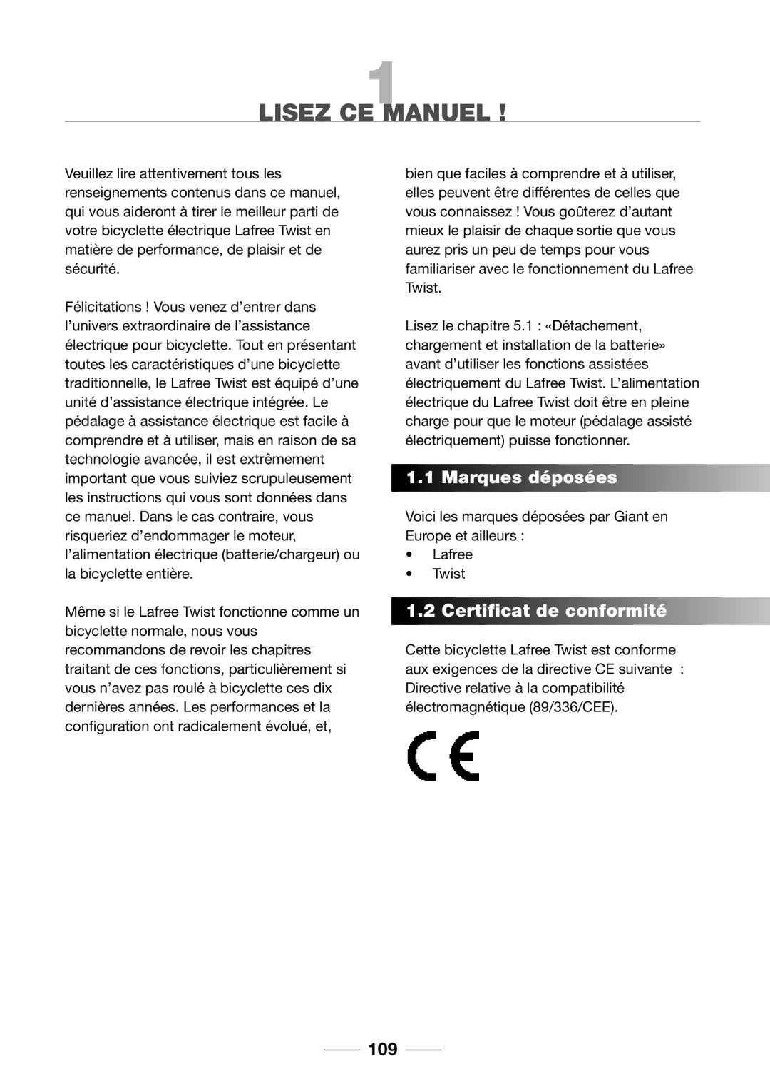 Giant 2002 Motorized Bicycle owner manual Lisez CE Manuel, Marques déposées, Certificat de conformité, 109 